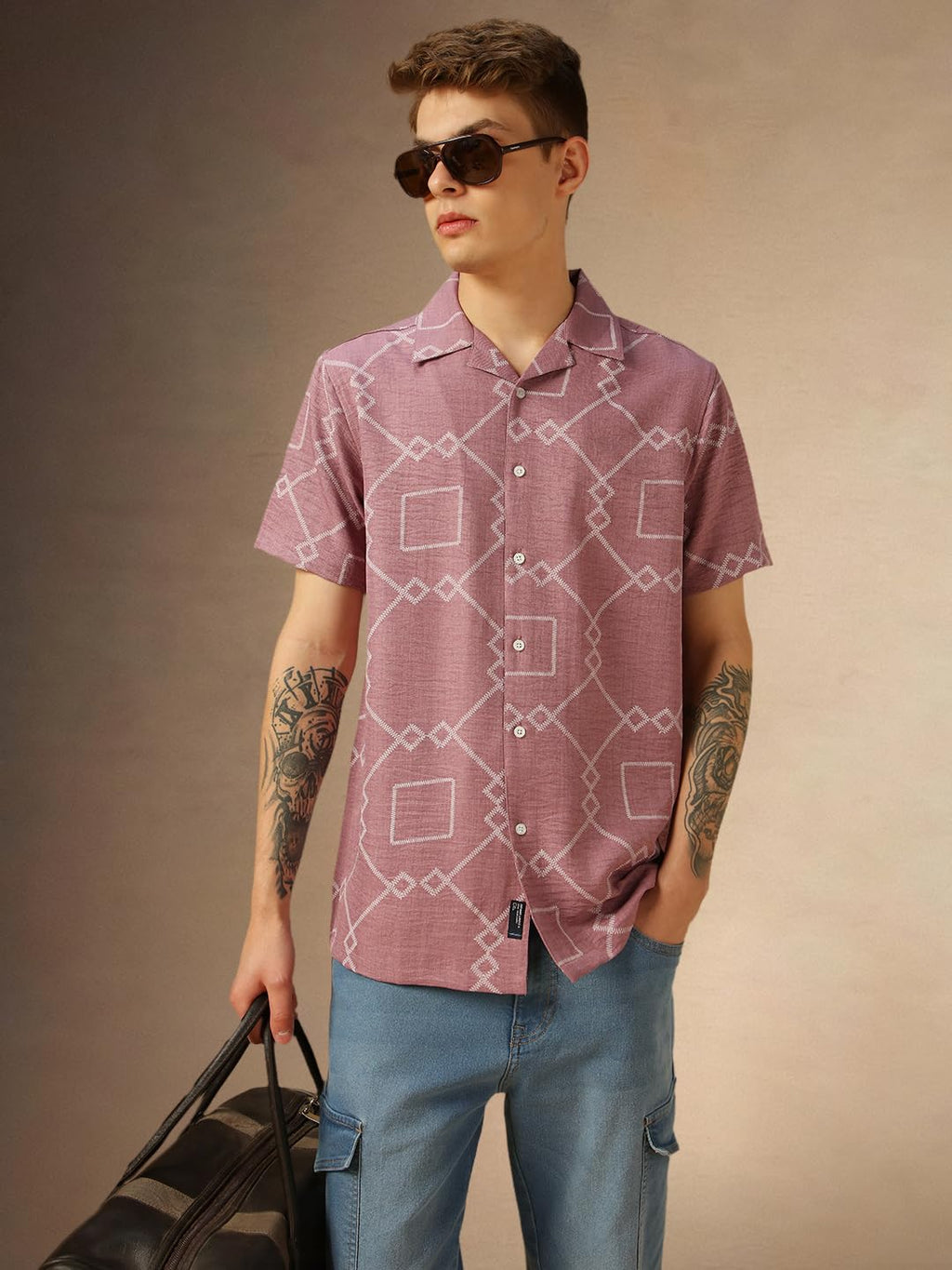 Dennis Lingo Men Pink Printed Polyester Relaxed Fit Cuban Collar Half Sleeves Casual Shirt