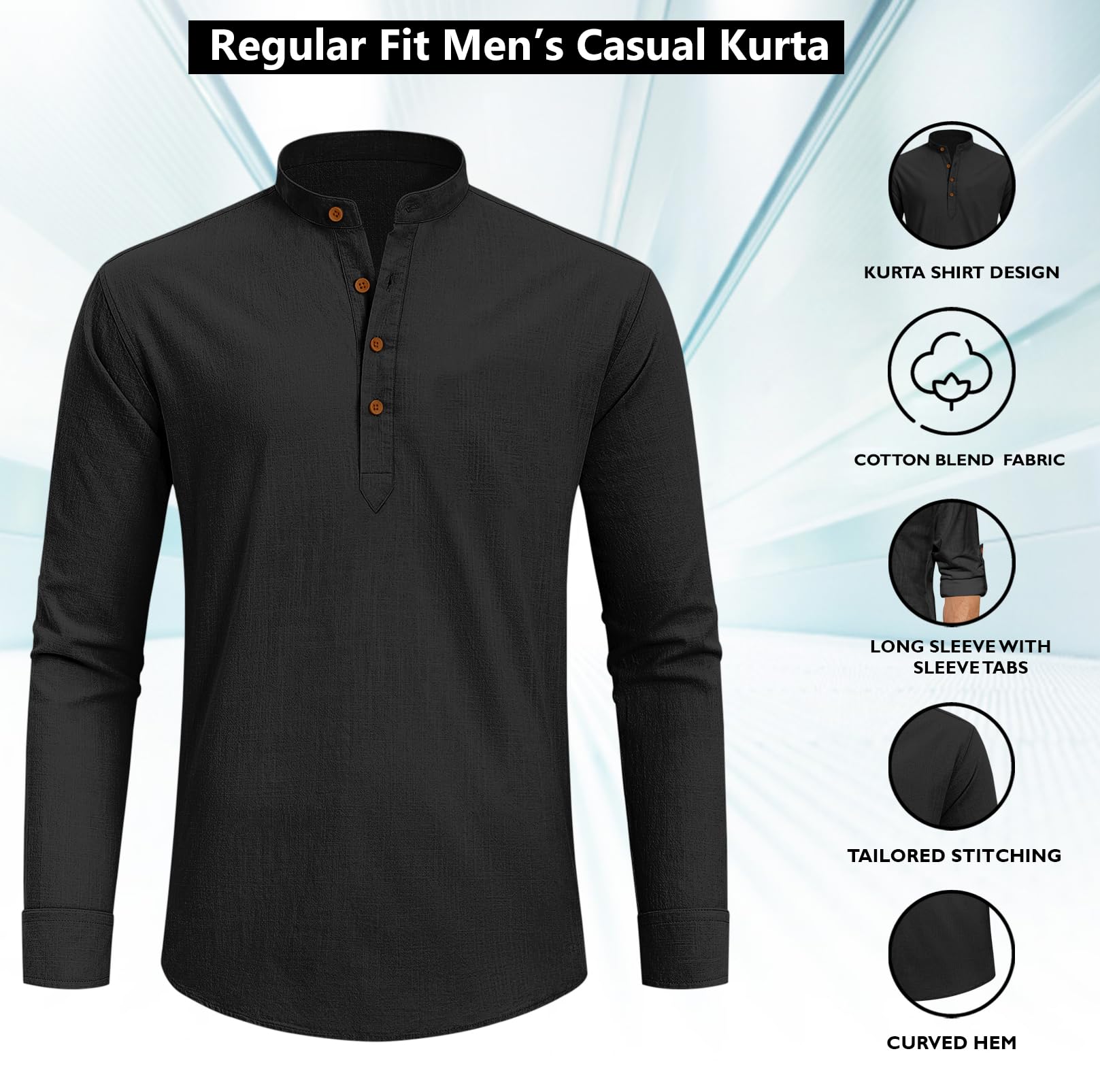 Zombom MenS Cotton Blend Solid Full Sleeve Short Kurta Shirt With Mandarin Collar Black