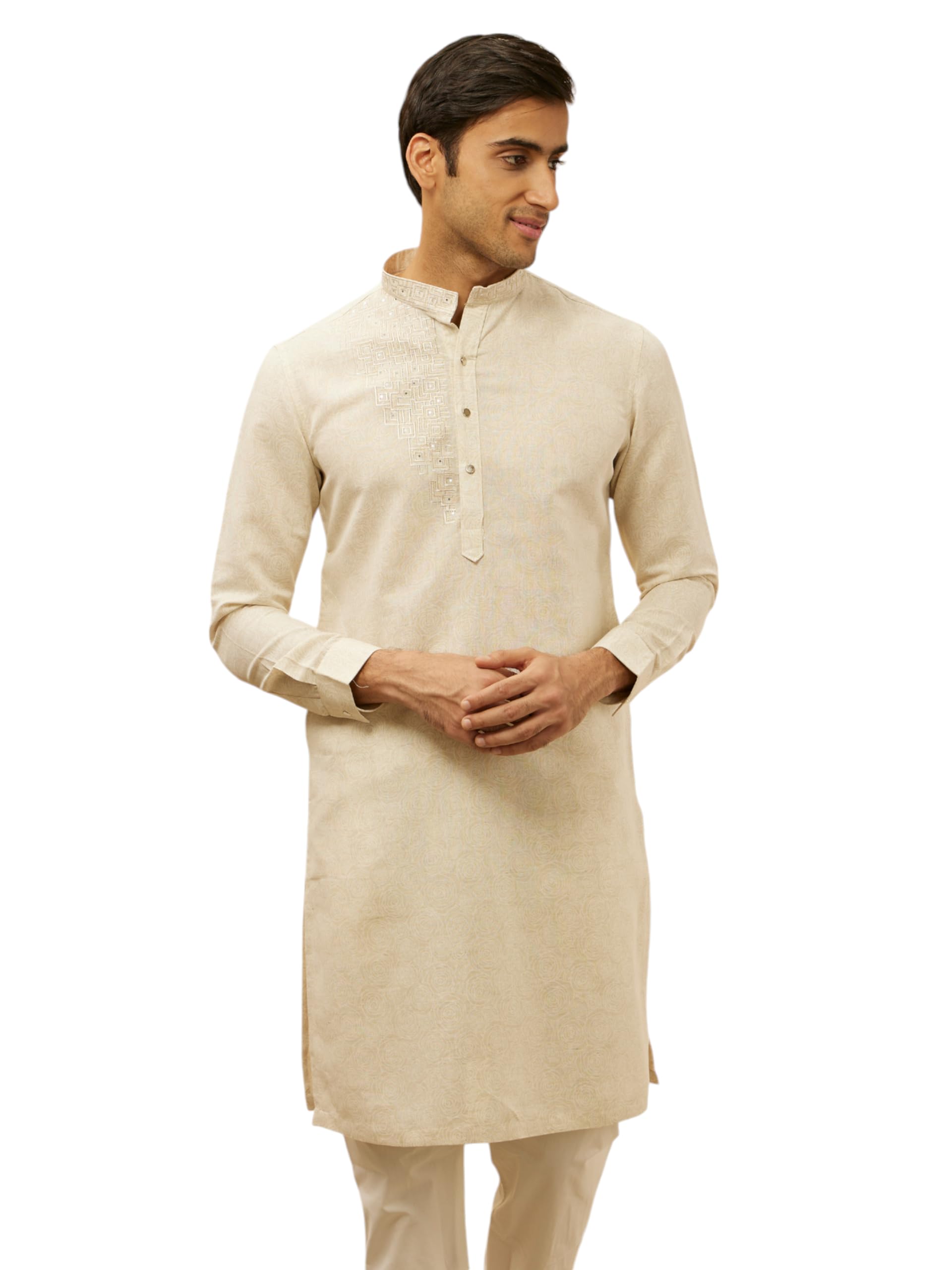 Manyavar MenS Natural Beige Self Rose Printed Kurta (Xxl)
