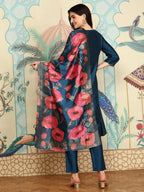Ishin Navy Blue Notched Neck A-Line Kurta With Trousers & Dupatta | Kurta Set For Women | Kurta With Trousers And Dupatta