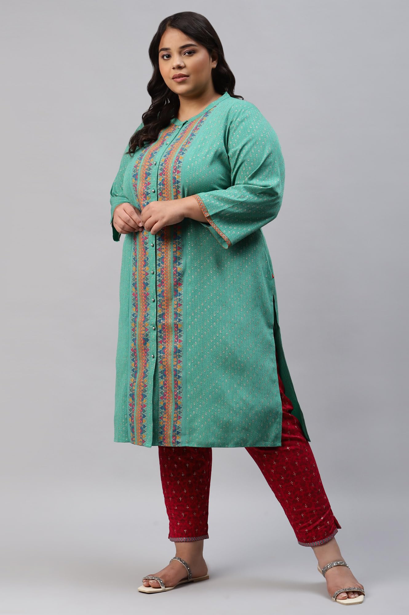 W For Woman Pop Green Printed Festive Full Placket Plus Size Kurta