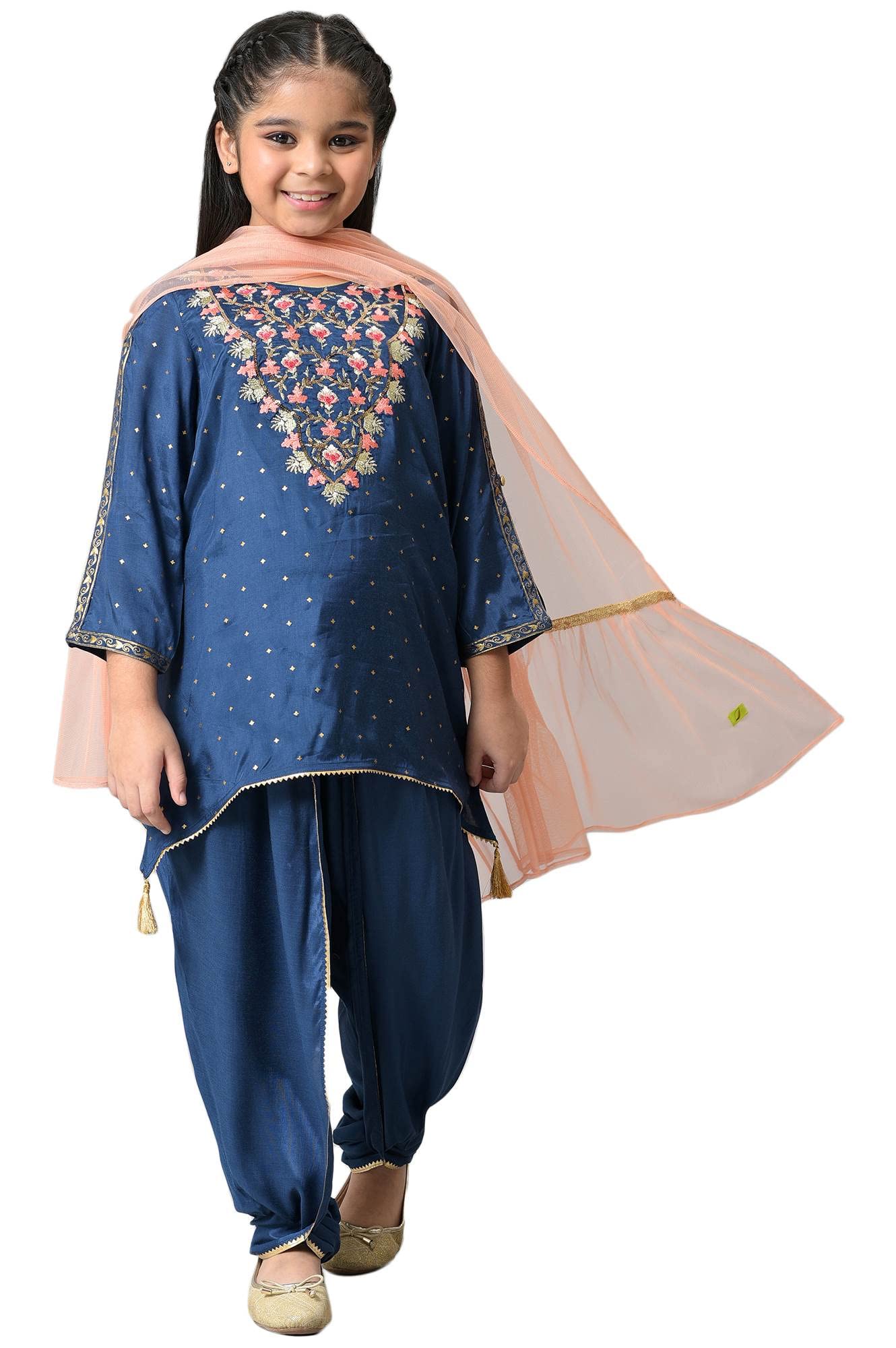 Girls Liva Blue Embroidered Kurta With Dhoti Pants And Peach Dupatta