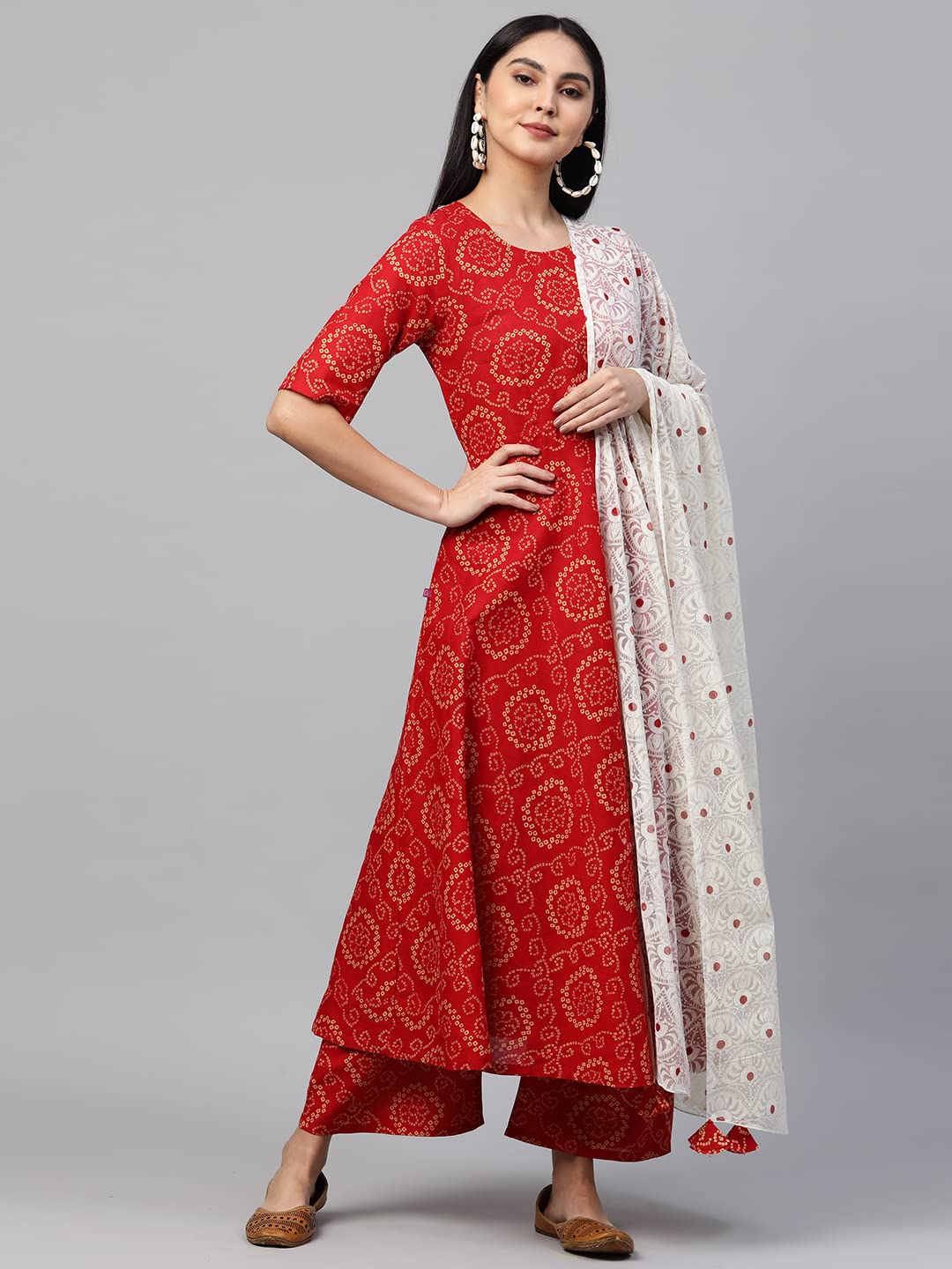 ANNI DESIGNER Womens Cotton Anarkali Kurta with Palazzo & Dupatta (Ruchi RED_S_Red_Small)