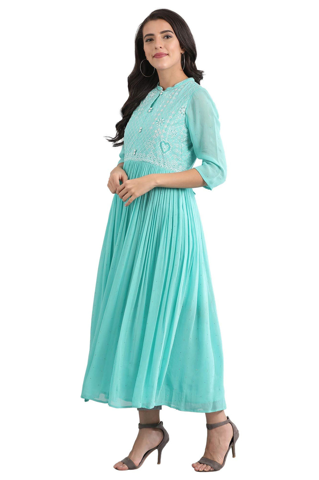 Aurelia Women'S Polyester Blue Round Neck Flared Dress Ankle Length