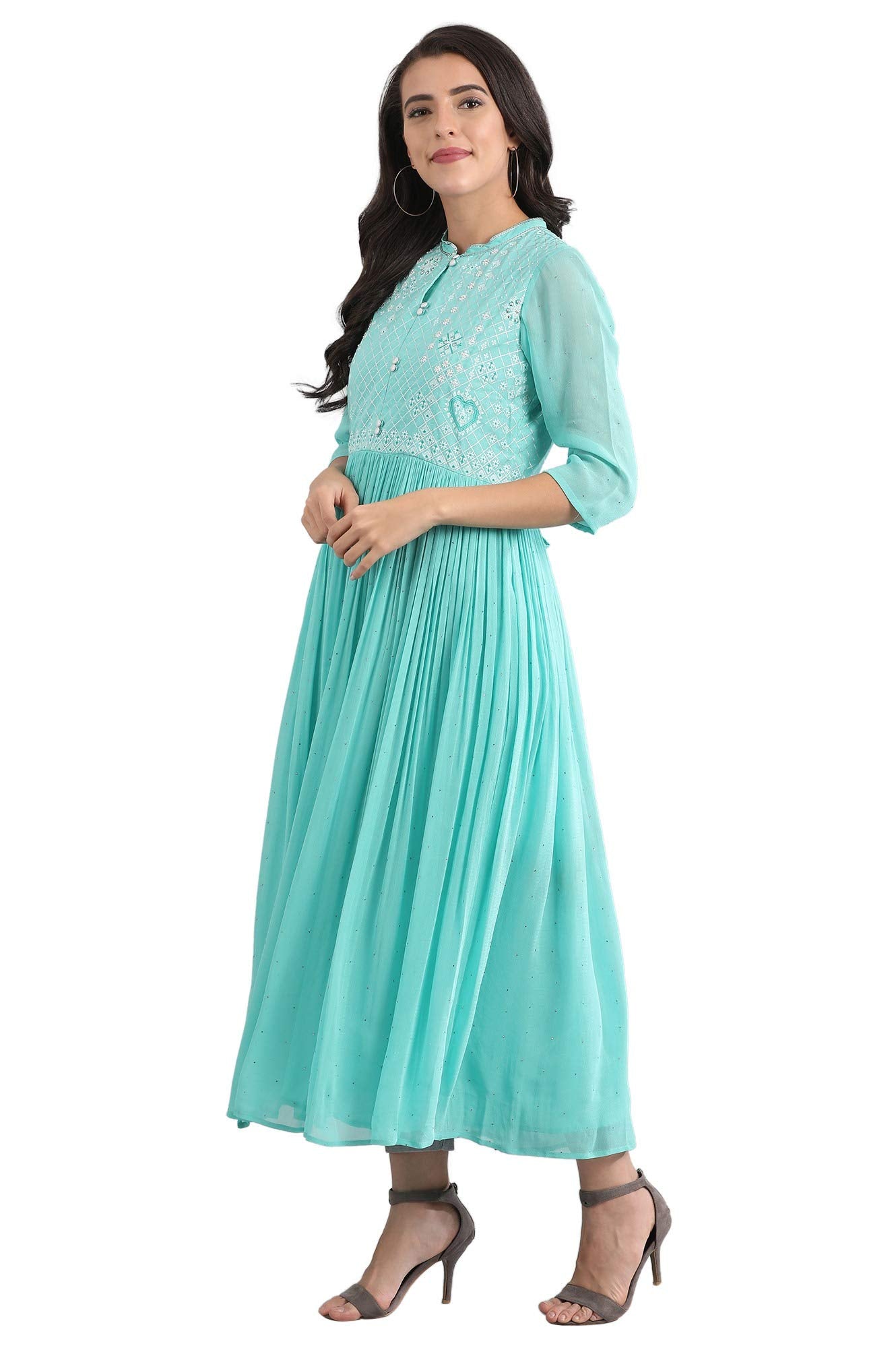 Aurelia Women'S Polyester Blue Round Neck Flared Dress Ankle Length