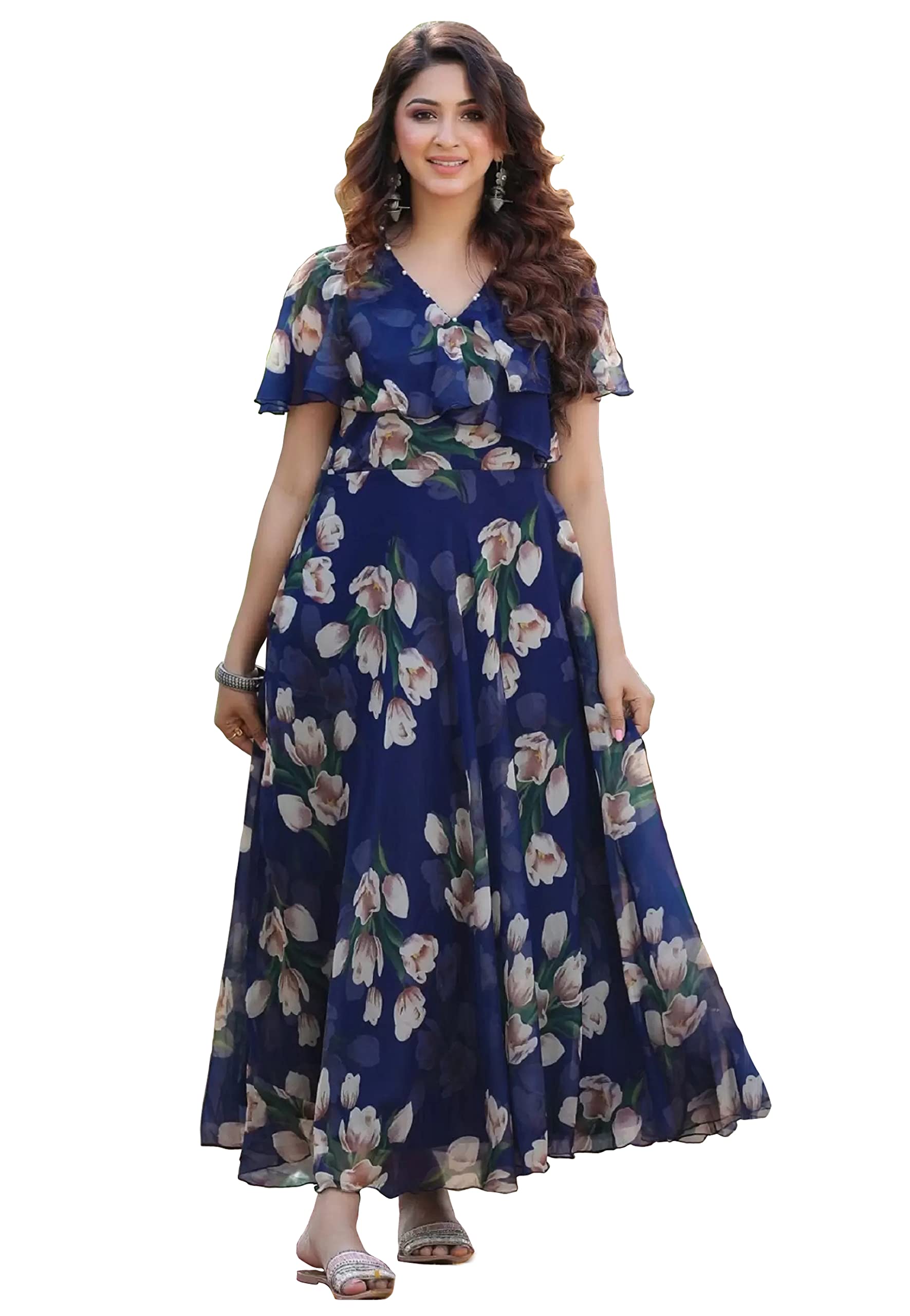 Shasmi Womens Georgette Digital Floral Printed Gown Dress for Women (Gown Dress 35) (XX-Large, N Blue)