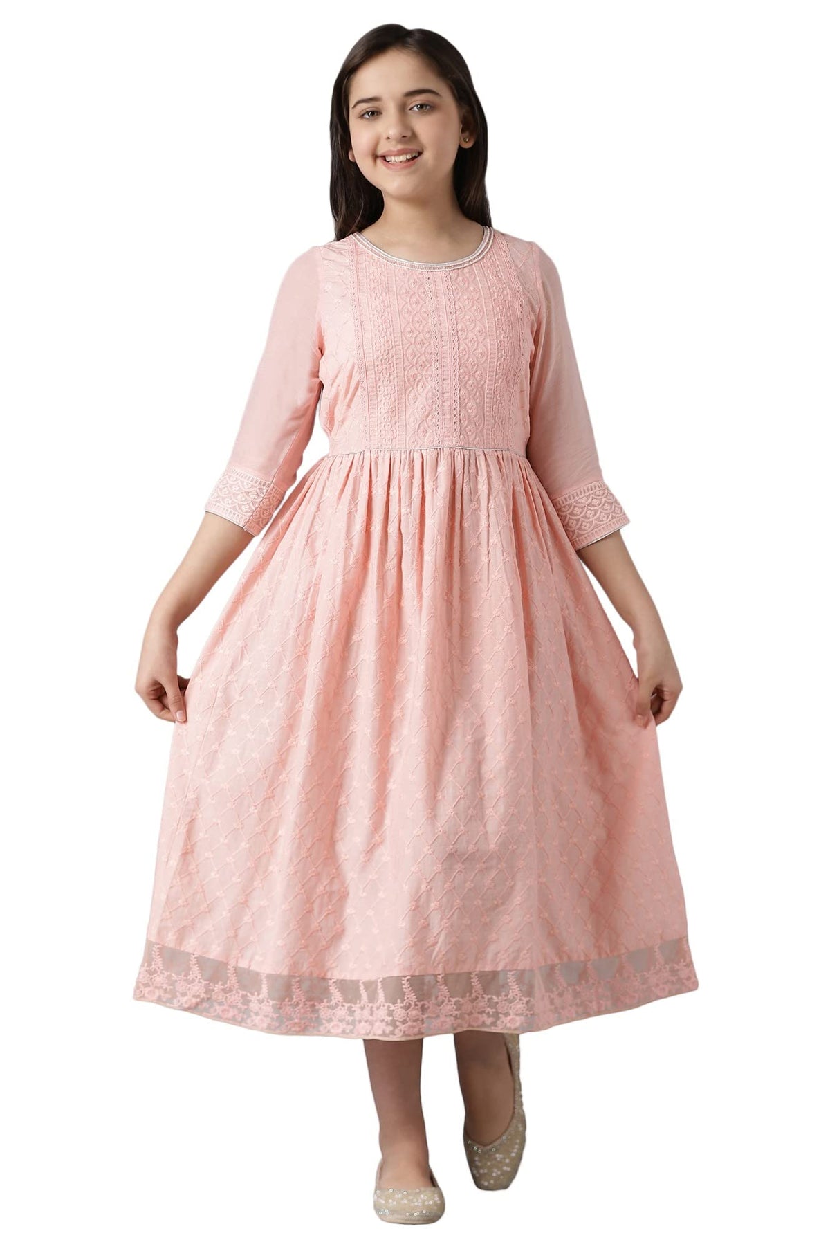 Girls Peach Sequinned Flared Schiffli Dress