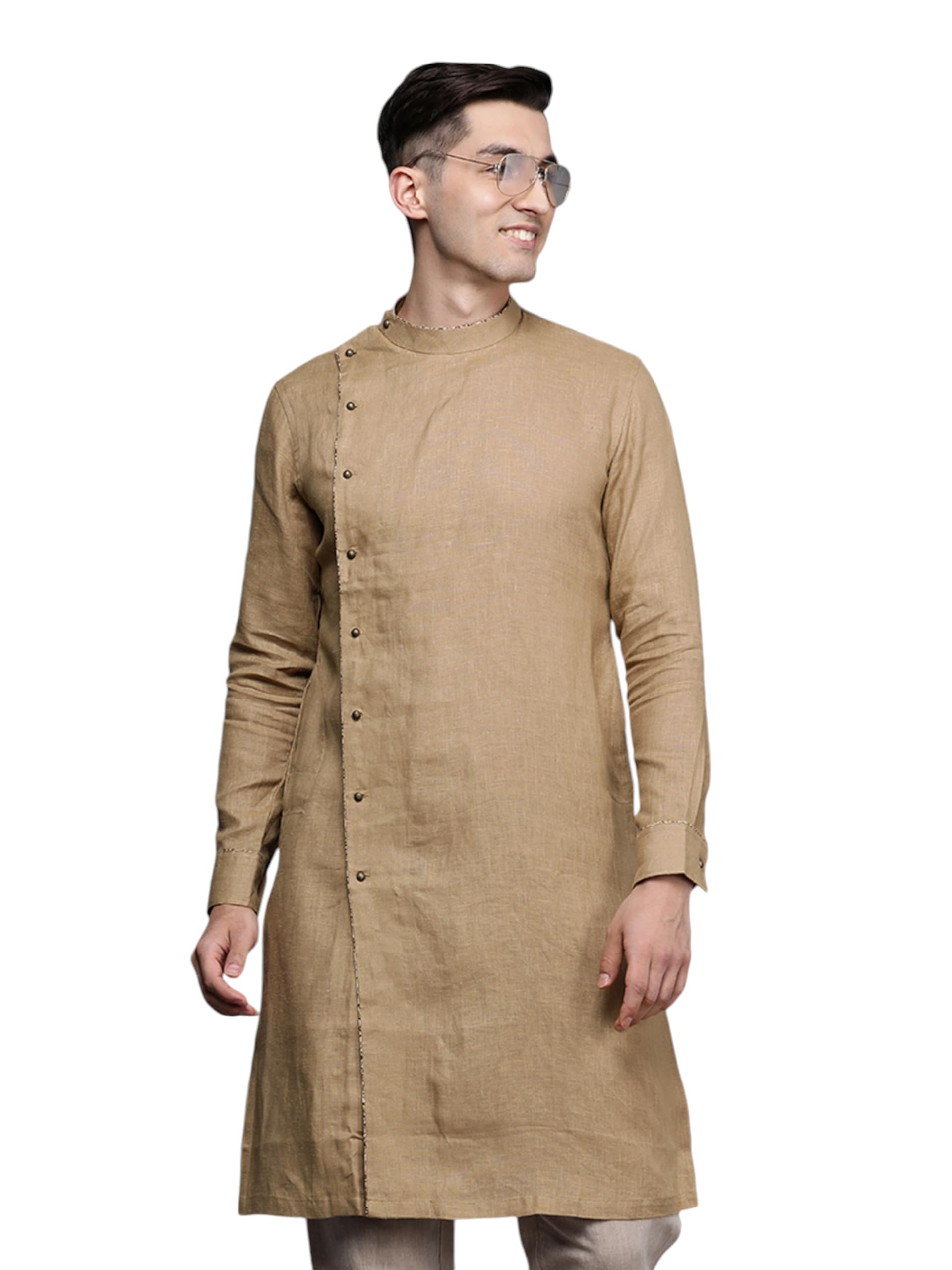 Manyavar MenS Kurta, Mandarin Collar Full Sleeves Ethnic Wear Knee Length Kurta, Linen Kurta For Festival, Wedding, Party Brown
