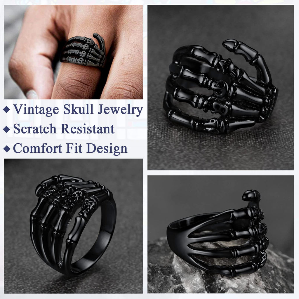 Men Black Pinky Rings Retro Skull Hand Gothic Jewelry Perfect Halloween Party Gift