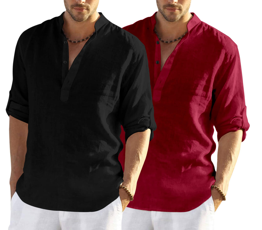 Bellstone MenS Cotton Blend Solid Regular Dress Shirt (Kurta800_Combo_Black_Maroon_Xl