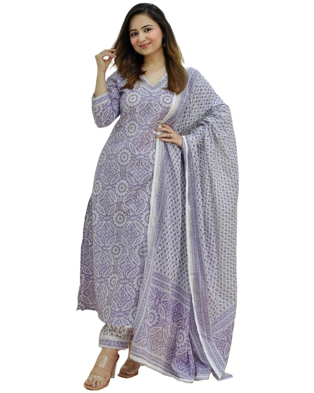 ANNI DESIGNER Womens Cotton Blend Floral Straight Kurta with Pant & Dupatta (Nihira_Purple_Small)