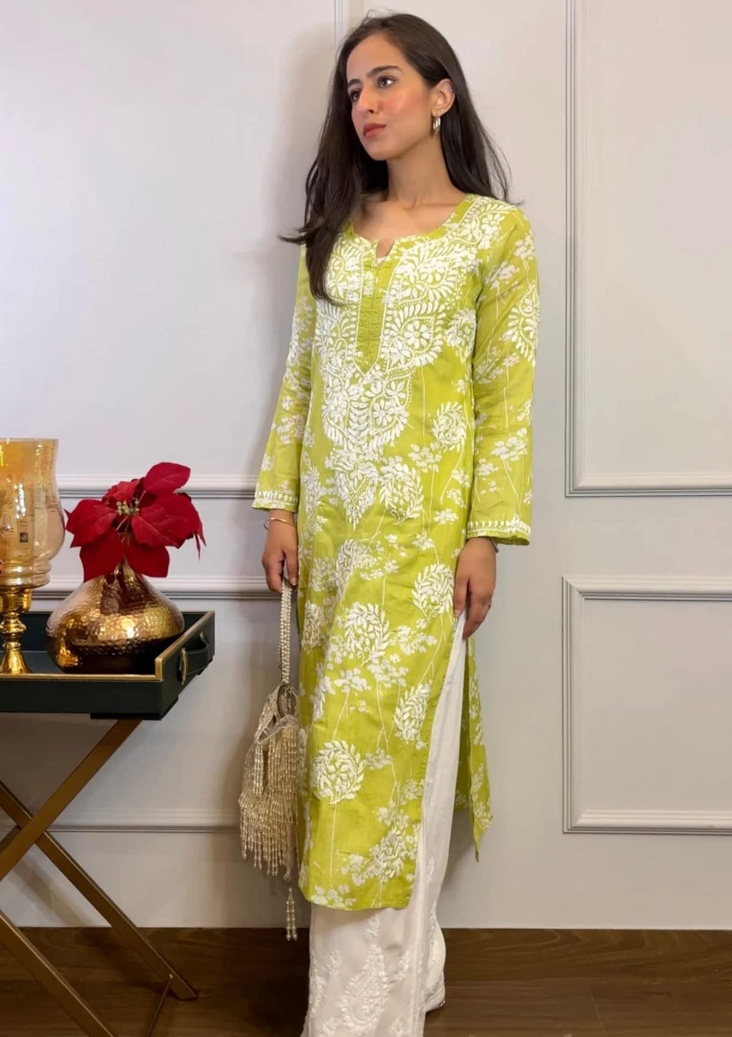 ANNI DESIGNER Womens Cotton Blend Straight Chikankari Embroidered Kurta (Zainab-Green_XXL_Green_XX-Large)
