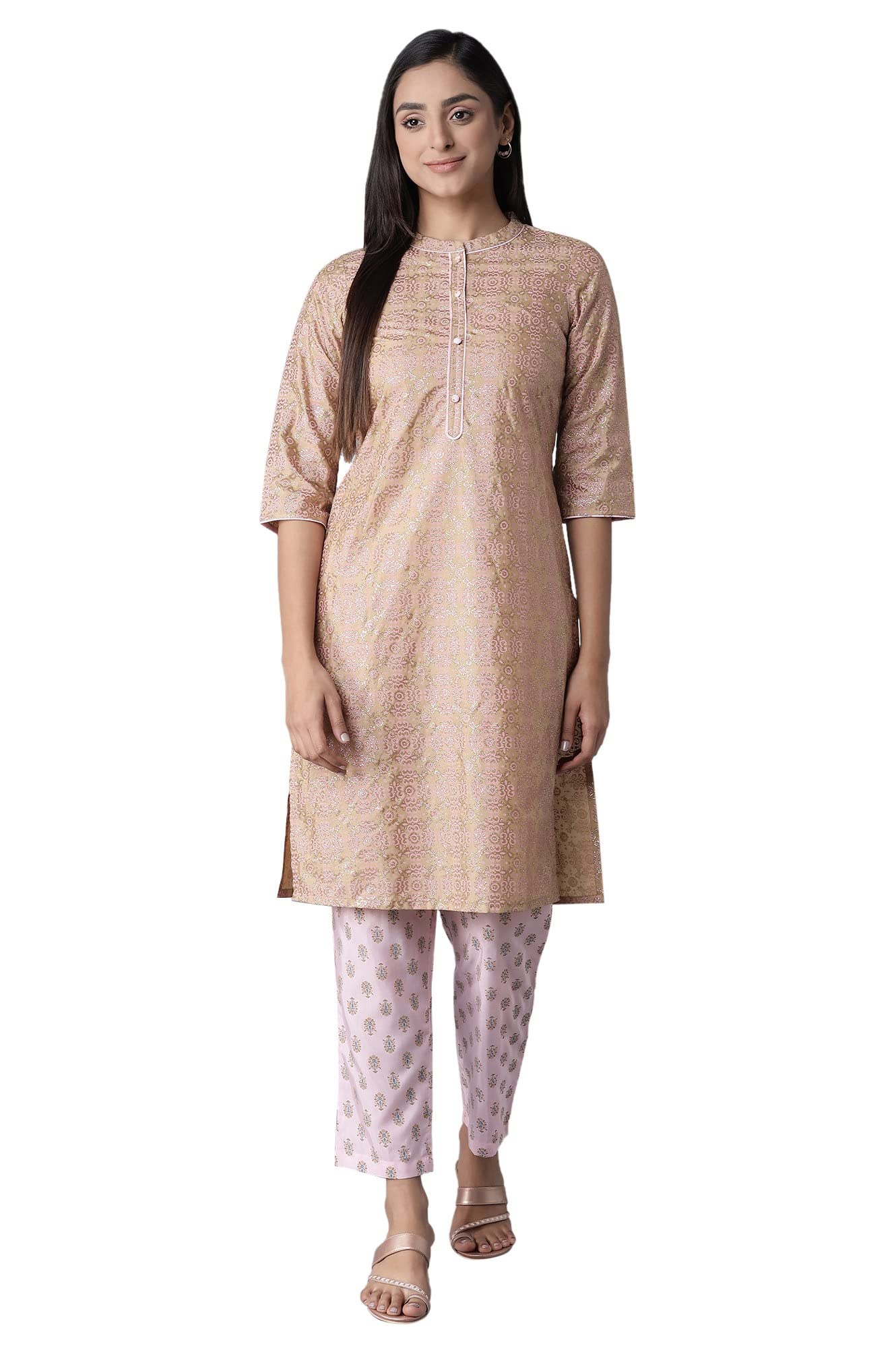 Aurelia Womens Polyester Kurta-Trousers (21ONAS12909-505030_Beige_S)