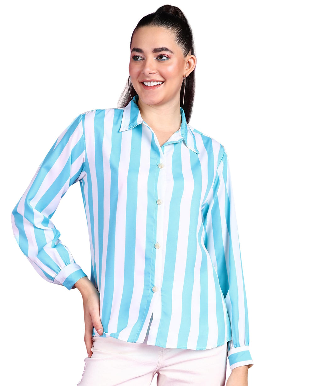 POPWINGS Stripe Printed Crepe Shirt for Women Stylish Western Casual Regular Fit Full Sleeves Shirts for Women