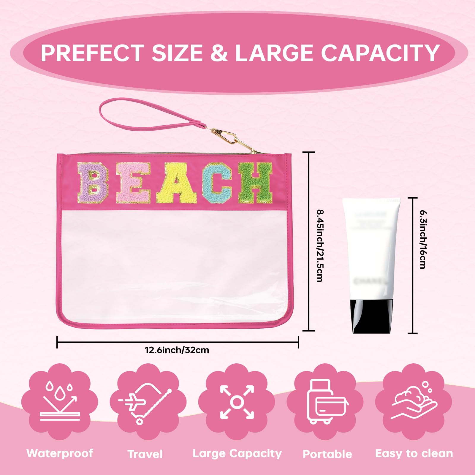 Burskit Beach Bag,Sunscreen Bag, Chenille Letter Clear Zipper Pouch for Travel Preppy Patch Makeup Bag-Nylon Cosmetic Preppy Mak