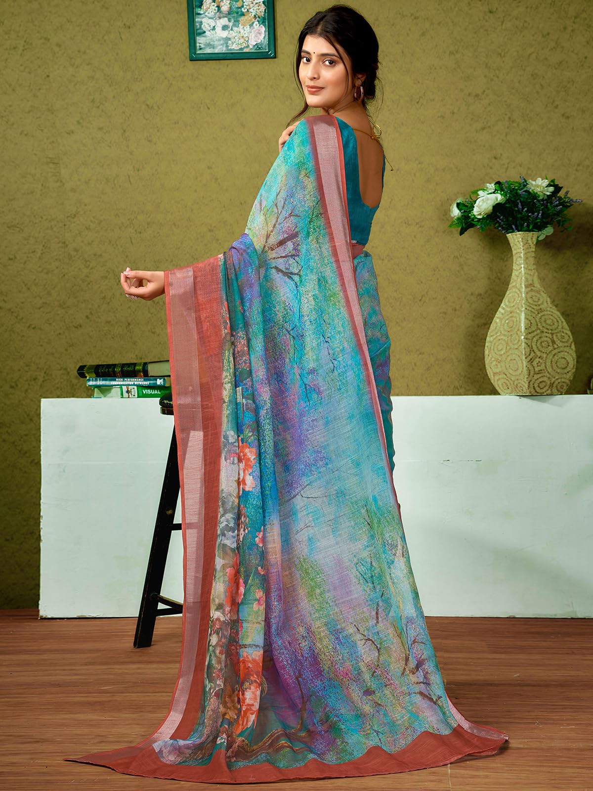 Satrani Womens Linen Printed & Zari Border Ready To Wear One Minute Pre Pleated Readymade Saree with Unstitched Blouse Piece (3