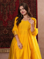 ANNI DESIGNER Women s Regular Rayon Blend Floral Kurta with Pants and Dupatta, Yellow, 40