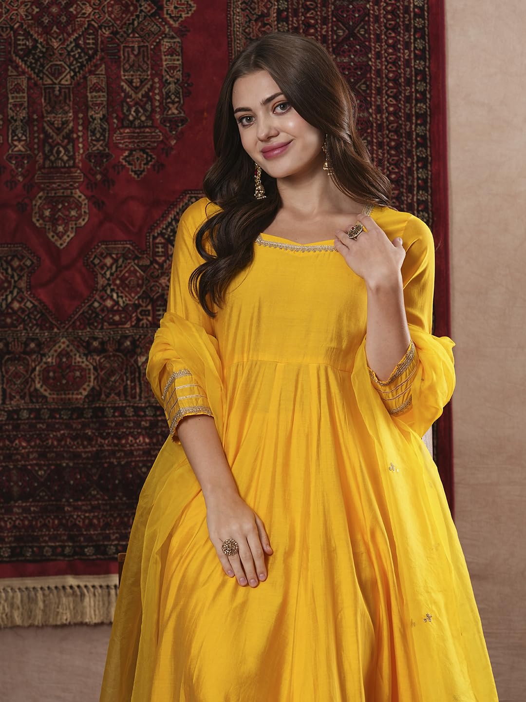 ANNI DESIGNER Women s Regular Rayon Blend Floral Kurta with Pants and Dupatta, Yellow, 40