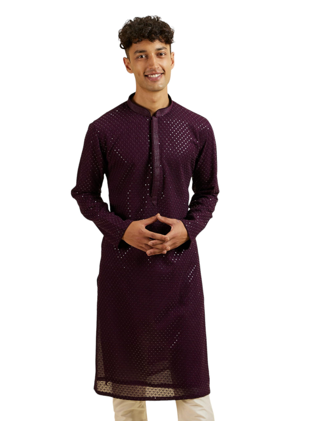 Manyavar Mens Georgette Embroidered|Sequins Kurta Churidar Set (Purple,XXL)