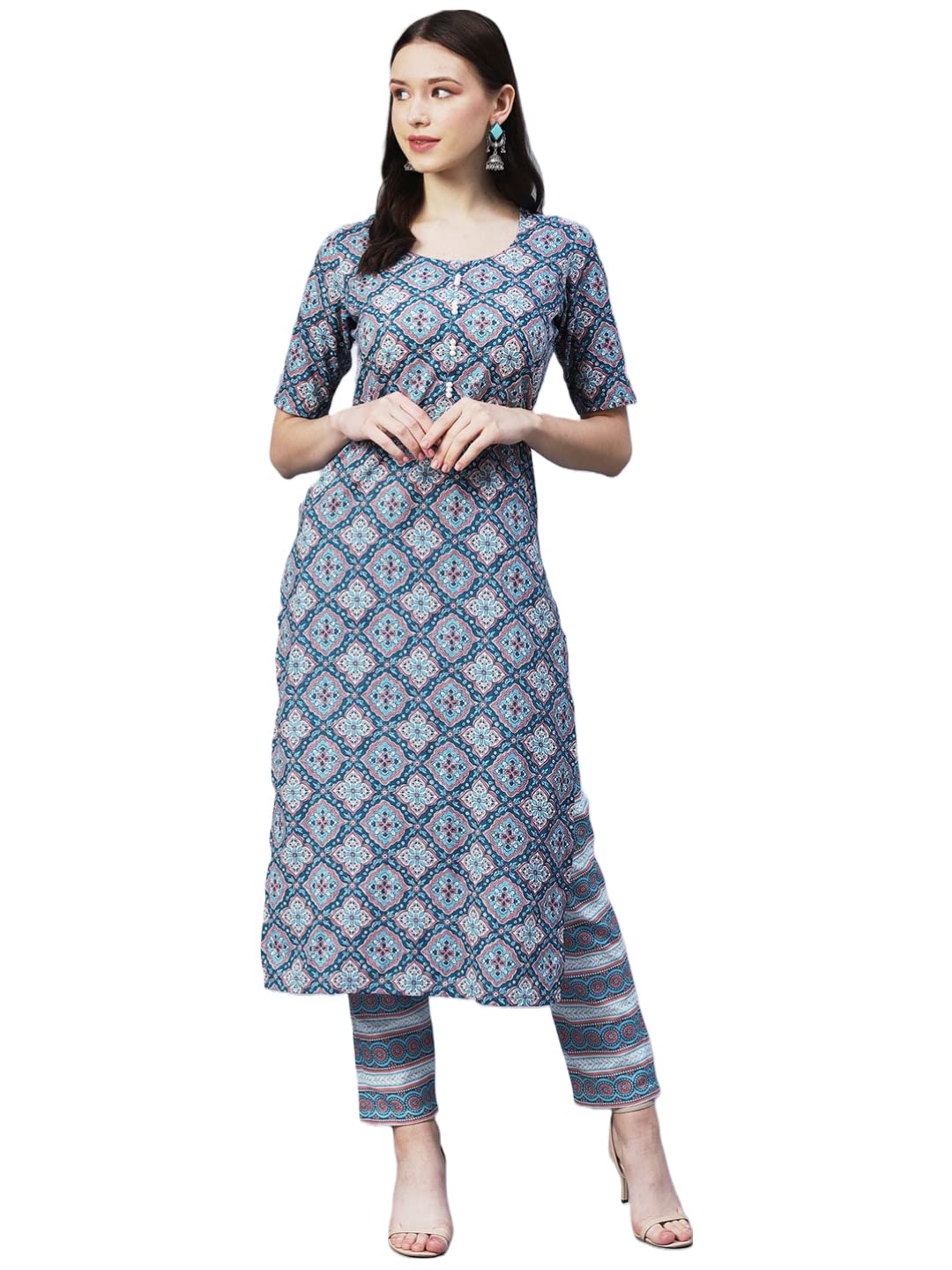 ANNI DESIGNER Ladies Cotton Blend Kurta with Trousers, grey, M