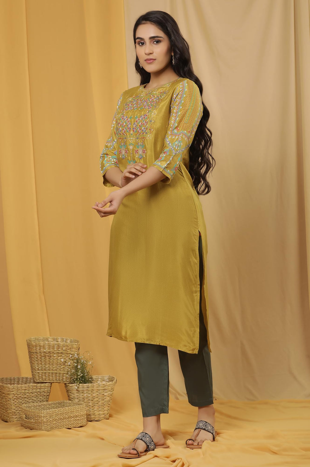 W For Woman W Women Yellow Festive Solid Viscose Straight Kurta Set With Parallel Pant