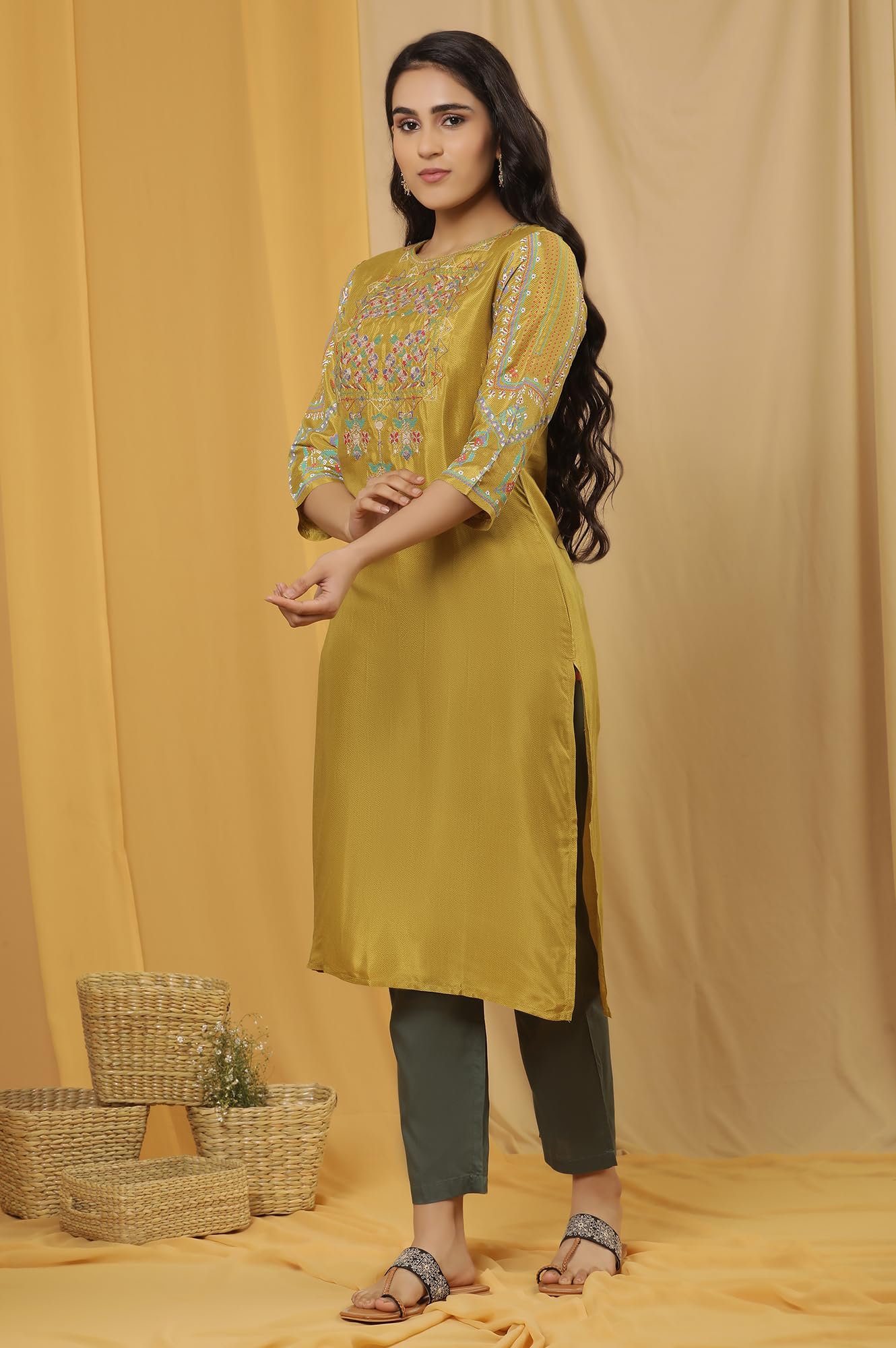 W For Woman W Women Yellow Festive Solid Viscose Straight Kurta Set With Parallel Pant
