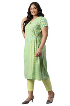 Aurelia Women Cotton Straight Fit Lime Sherbet Stripes Yarn Dyed Straight Kurta