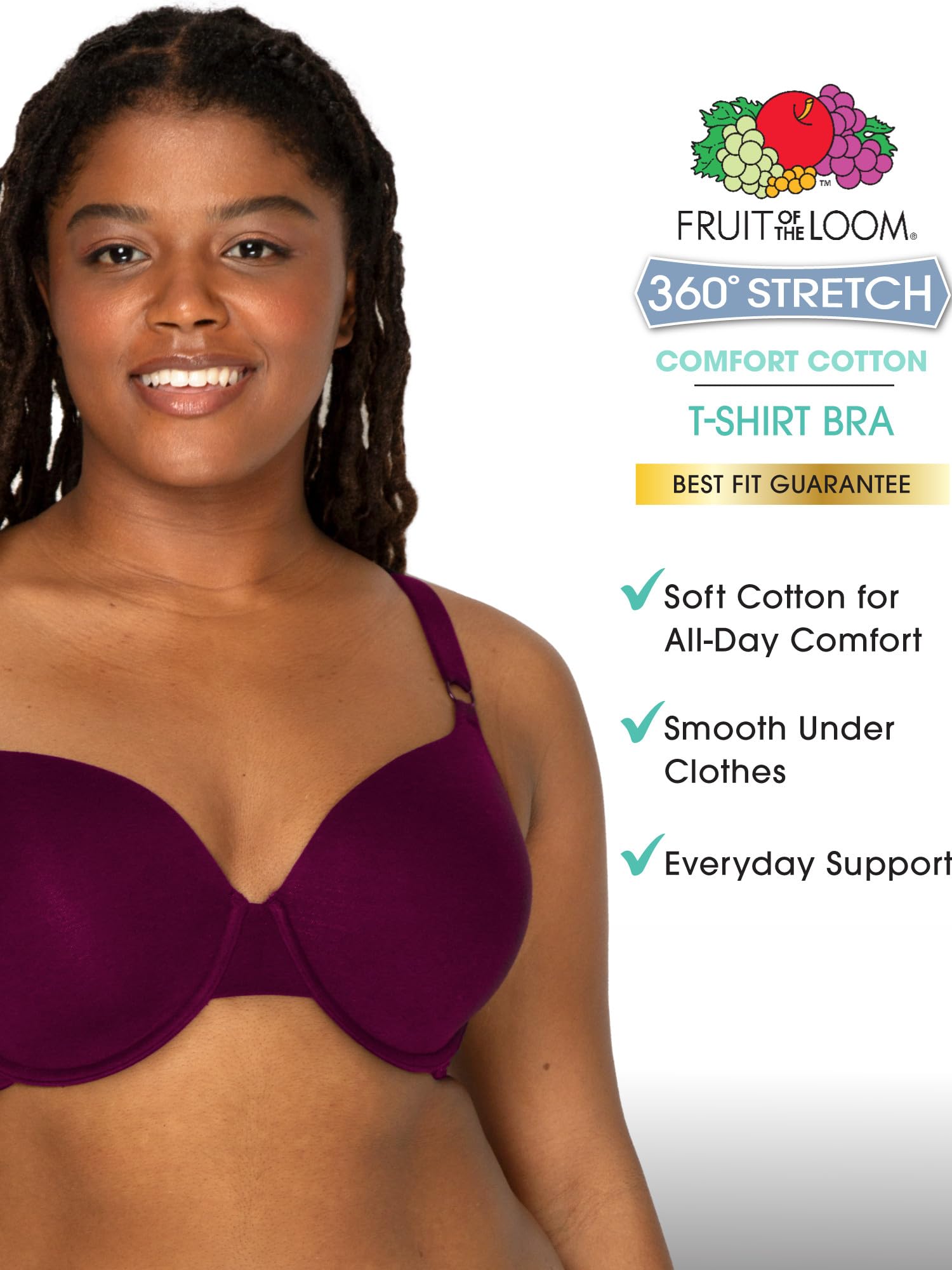 Fruit of the Loom Women's Smooth Cotton T-Shirt Bra-Ultra-Soft, Flexible, and Invisible Under Tees, Lilac Whisper/Purple Velvet/