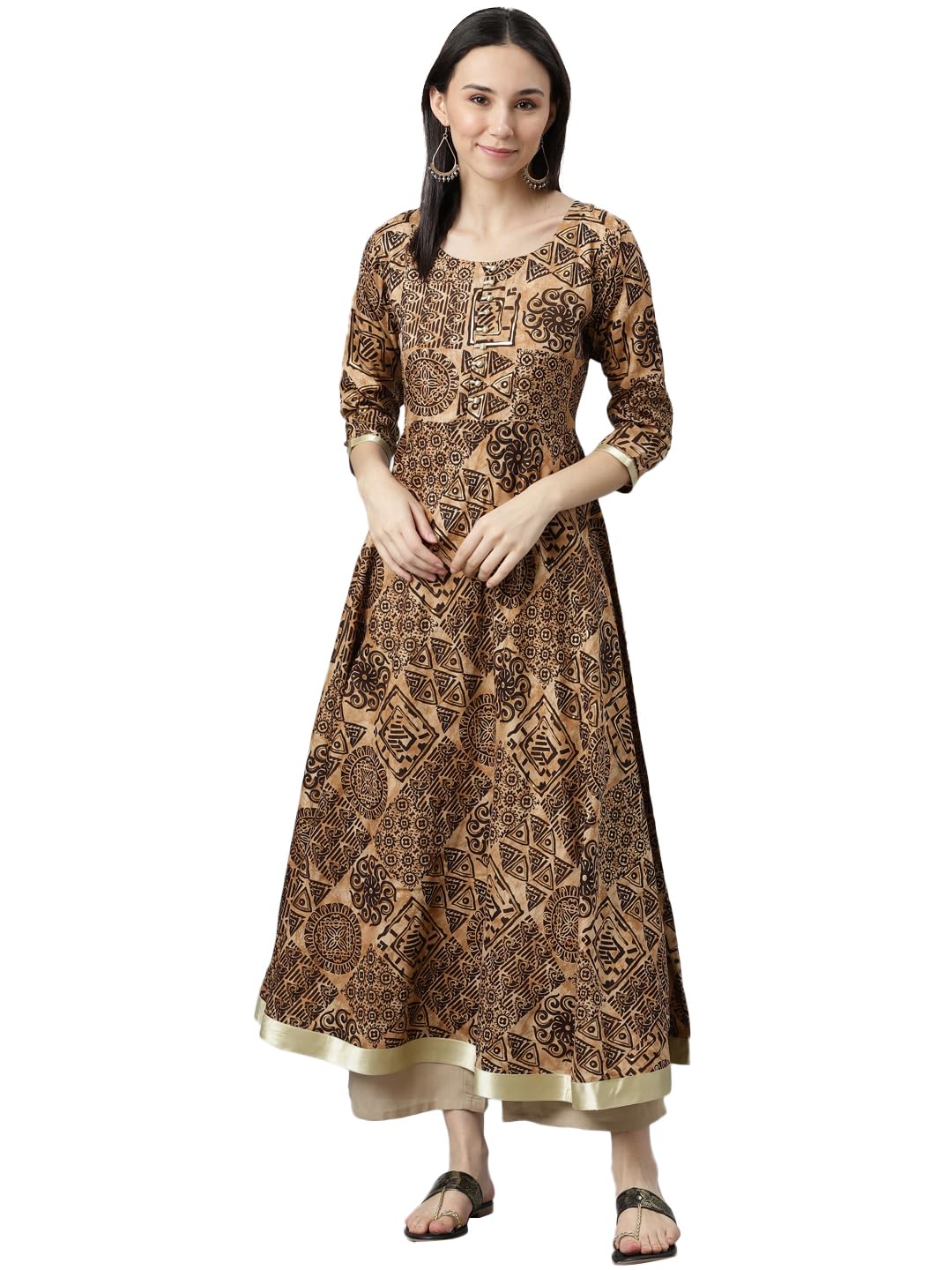 Libas Womens Printed Silk Anarkali Kurta For Women Black
