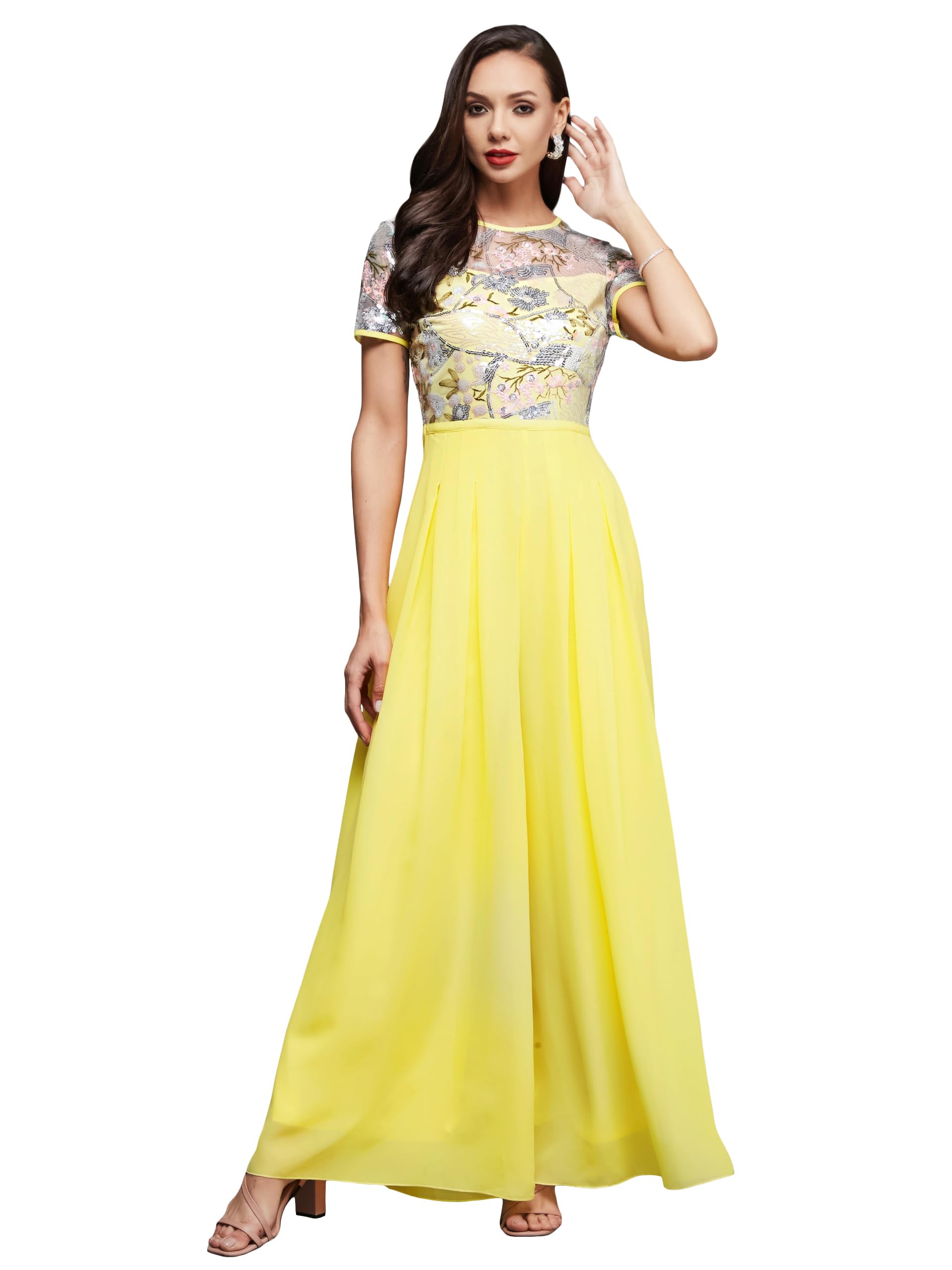 Miss Chase WomenS Round Neck Short Sleeve Floral Pleated Regular Length Georgette Jumpsuit With Pockets (Mcss23D15-85-164-06, M