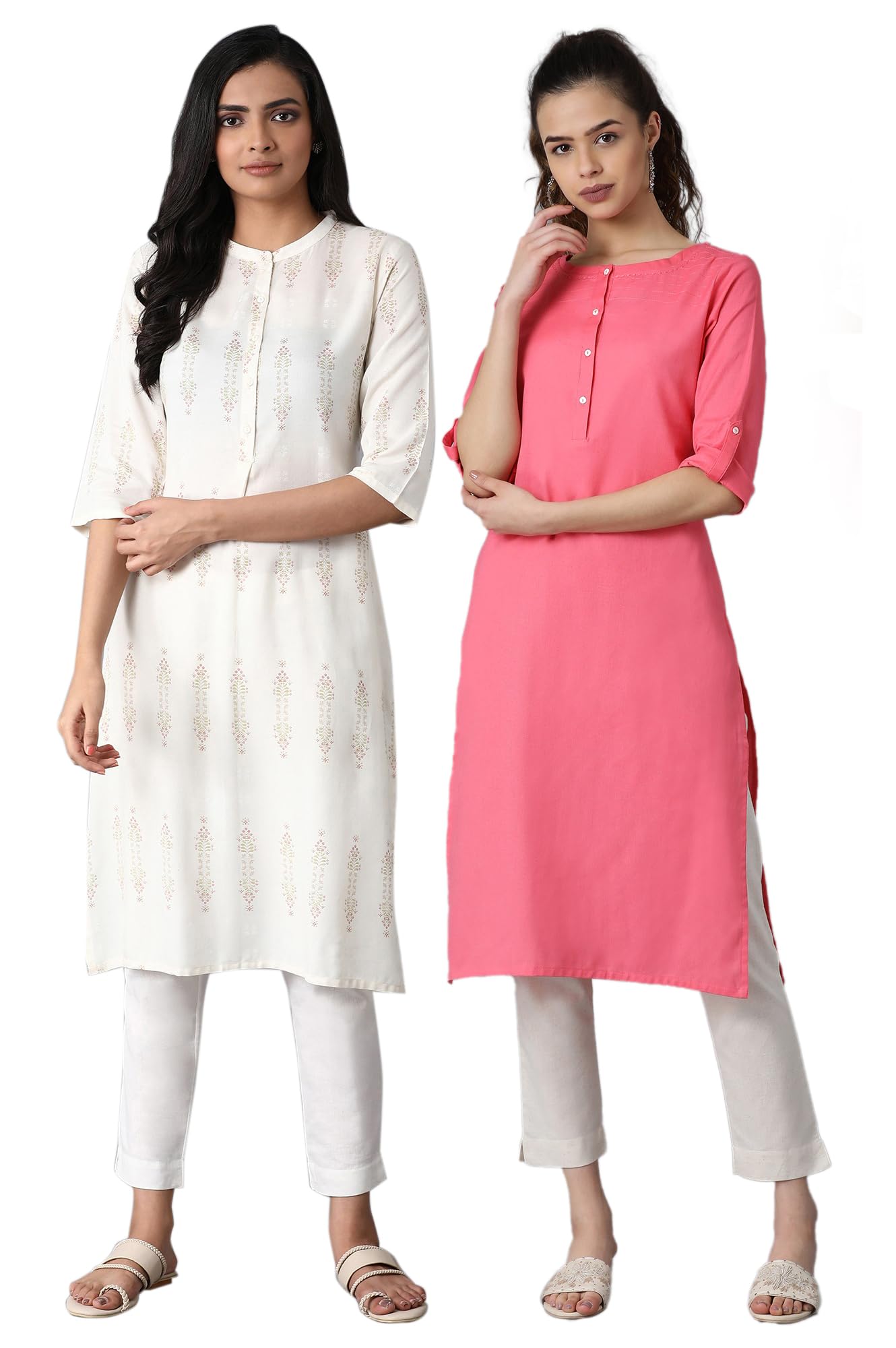 W For Woman Printed Thread Work Kurtas Combo | Straight Kurtas For Women Combo Pack Of 2 Ecru