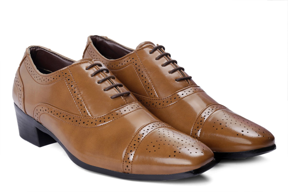 YUVRATO BAXI Mens Tan Height Increasing Formal Oxford Faux Leather LaceUp Semi Brogue Shoes 10