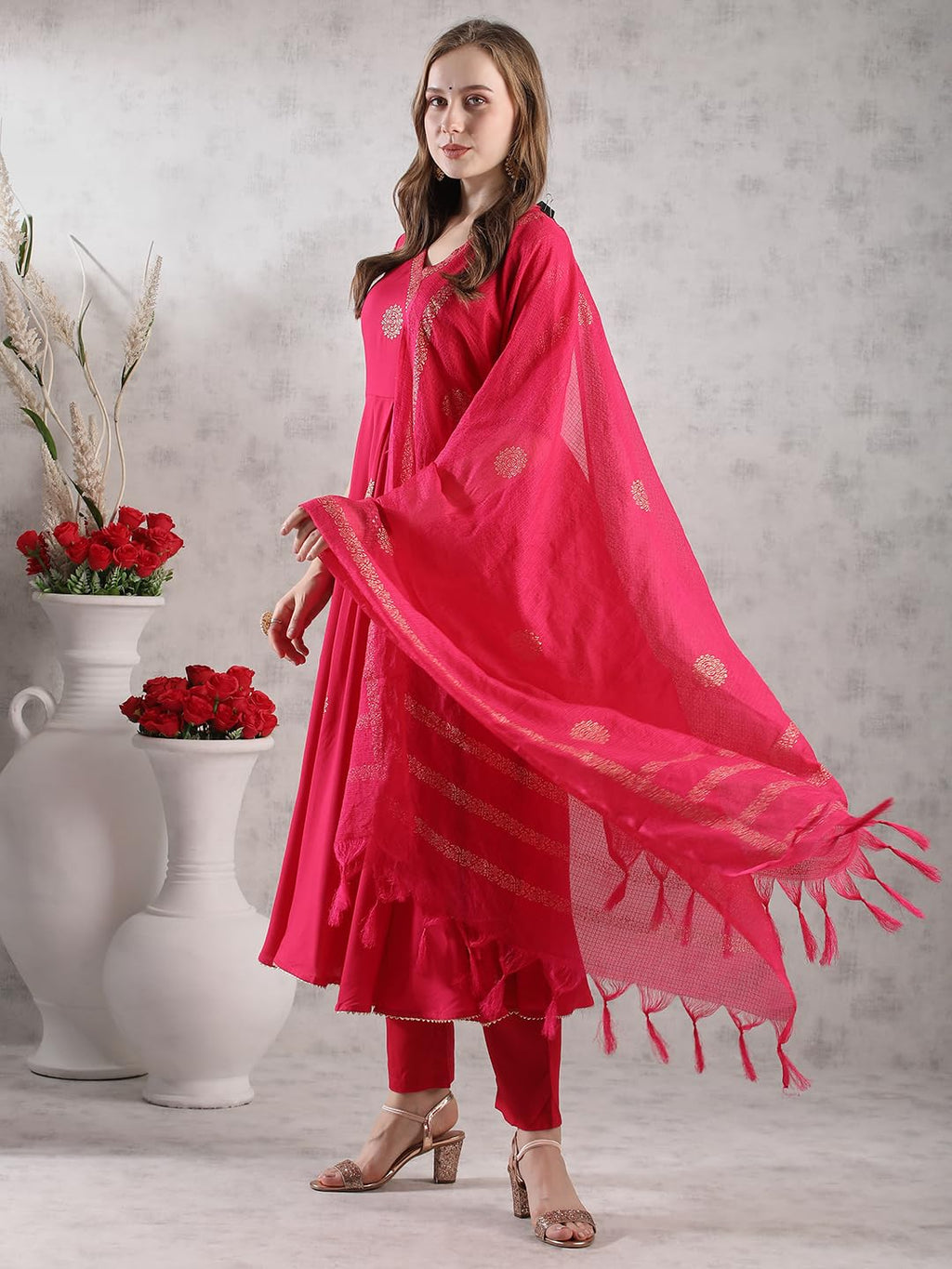 ANNI DESIGNER Womens Rayon Blend Anarkali Printed Kurta with Pant & Dupatta (Berlin PINK-VKS05_XL_Pink_X-Large)