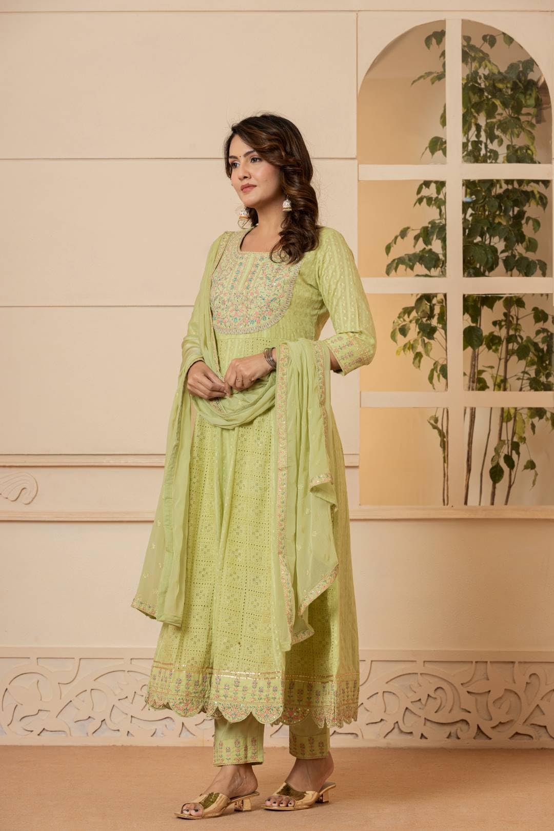 Varanga Women Beige Floral Printed Embroidered Anarkali Kurta Paired Wirh Printed Bottom And Dupatta