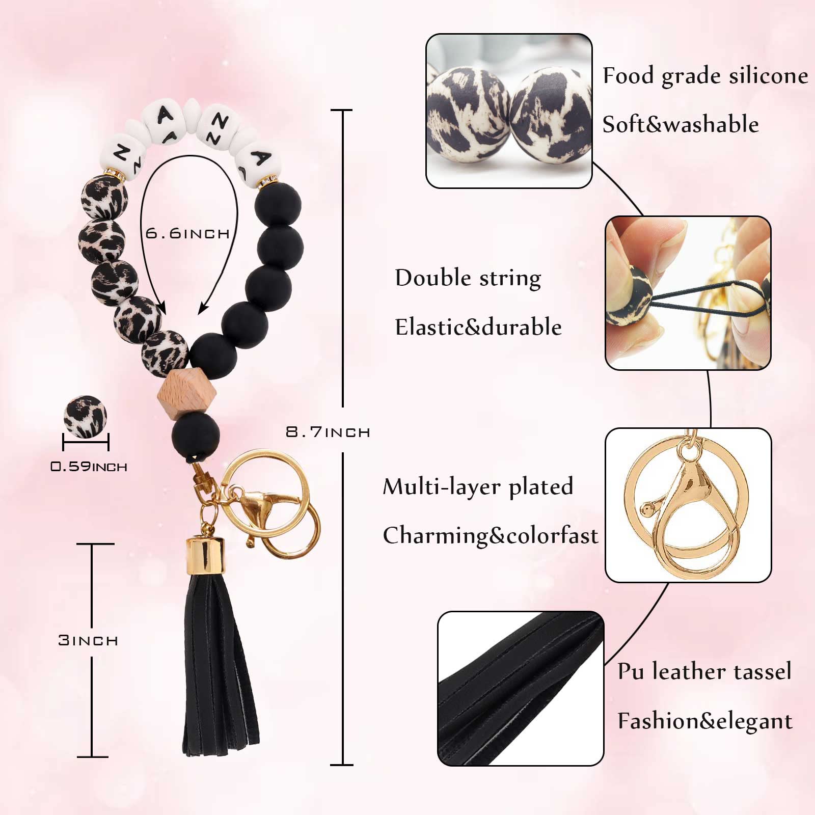 BAOSIWA Silicone Beaded Nana Key Chain Bracelet Wristlet Keyring Black Leopard Bangle Keychains Christmas Day Gifts for Women Gr