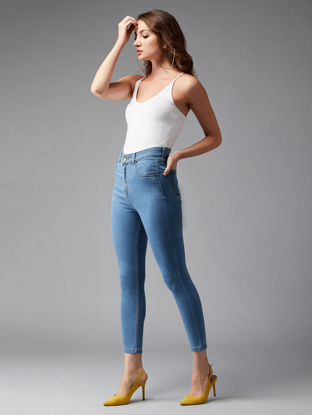 Dolce Crudo Womens Blue Solid Skinny High Rise Clean Look Cropped Fringe Detailing Solid Stretchable Denim Jeans(DOSS19DEN08-27