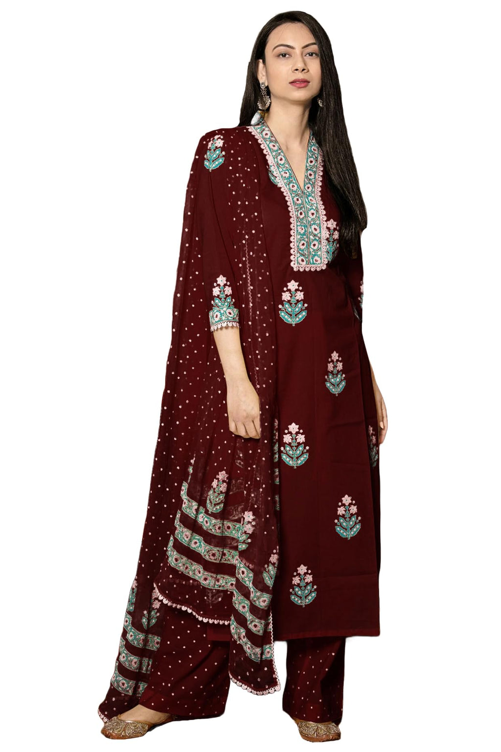 ANNI DESIGNER Womens Rayon Viscose Floral Regular Kurta with Pant & Dupatta (Belagavi Mustard_Wine_Large)