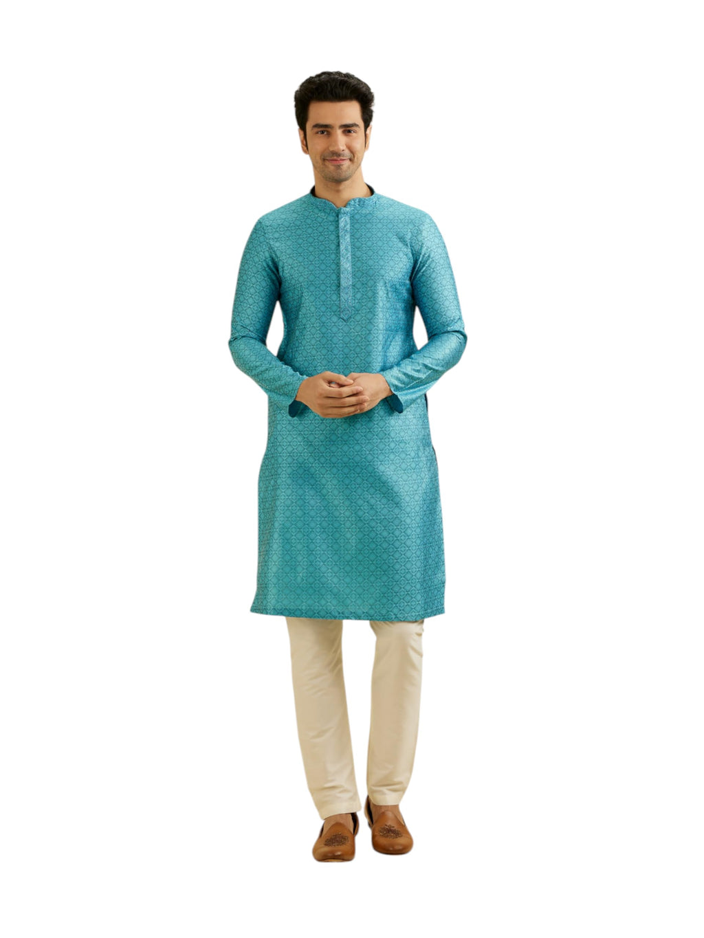 Manyavar Mens Art Silk Embroidered Jacquard Kurta Set (Light Blue,L)