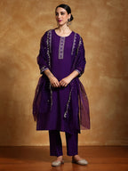 Varanga Women-Thread & Sequin Embroidered Yoke Kurta With Trouser & Scallop Dupatta