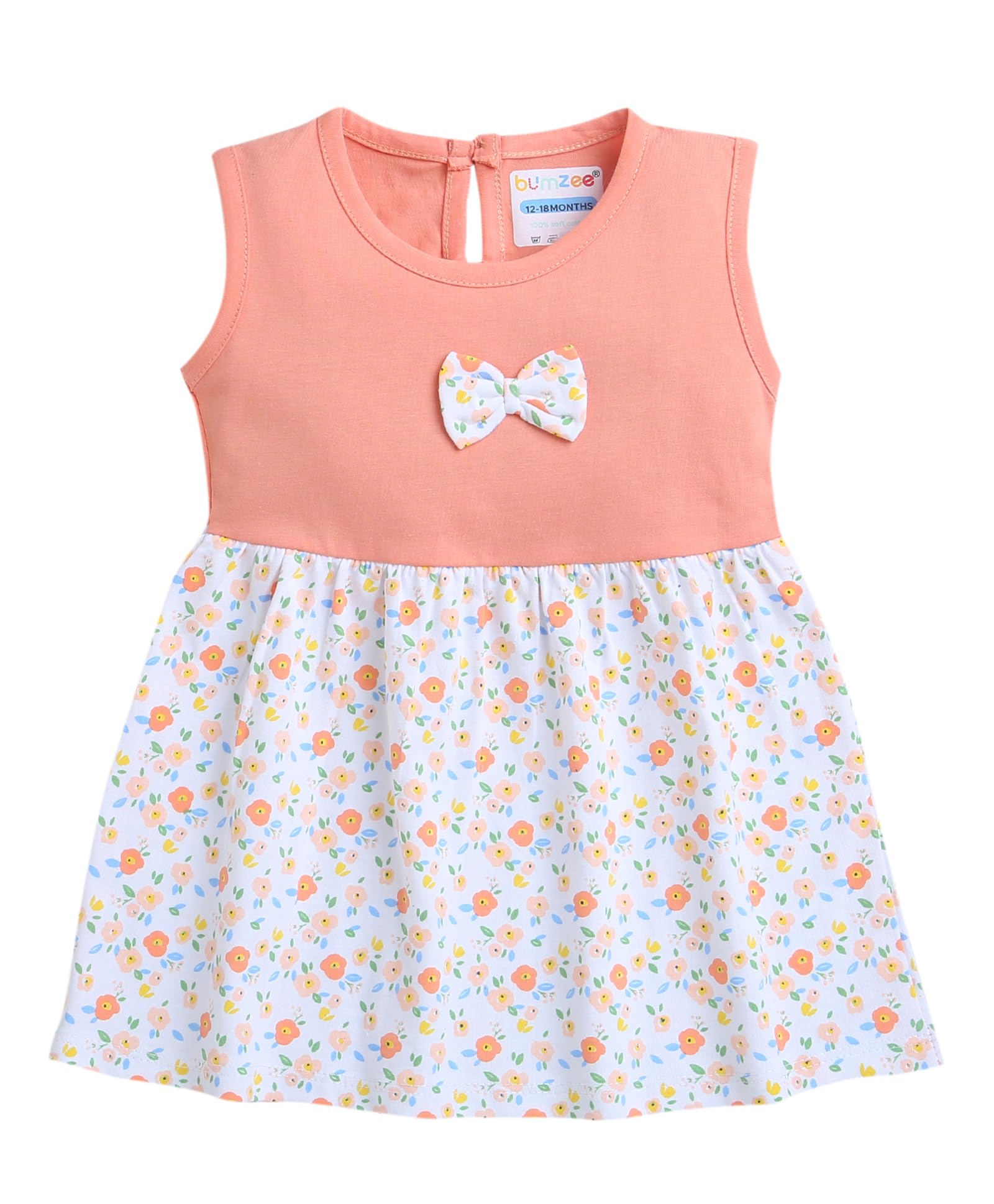 BUMZEE Orange & Cream Girls Sleeveless Frock Age - 18-24 Months (Peb9178E-org.CRM)