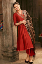 ANNI DESIGNER Womens Rayon Blend Embroidered Anarkali Kurta with Pant & Dupatta (Sumona Maroon_M_Maroon_Medium)