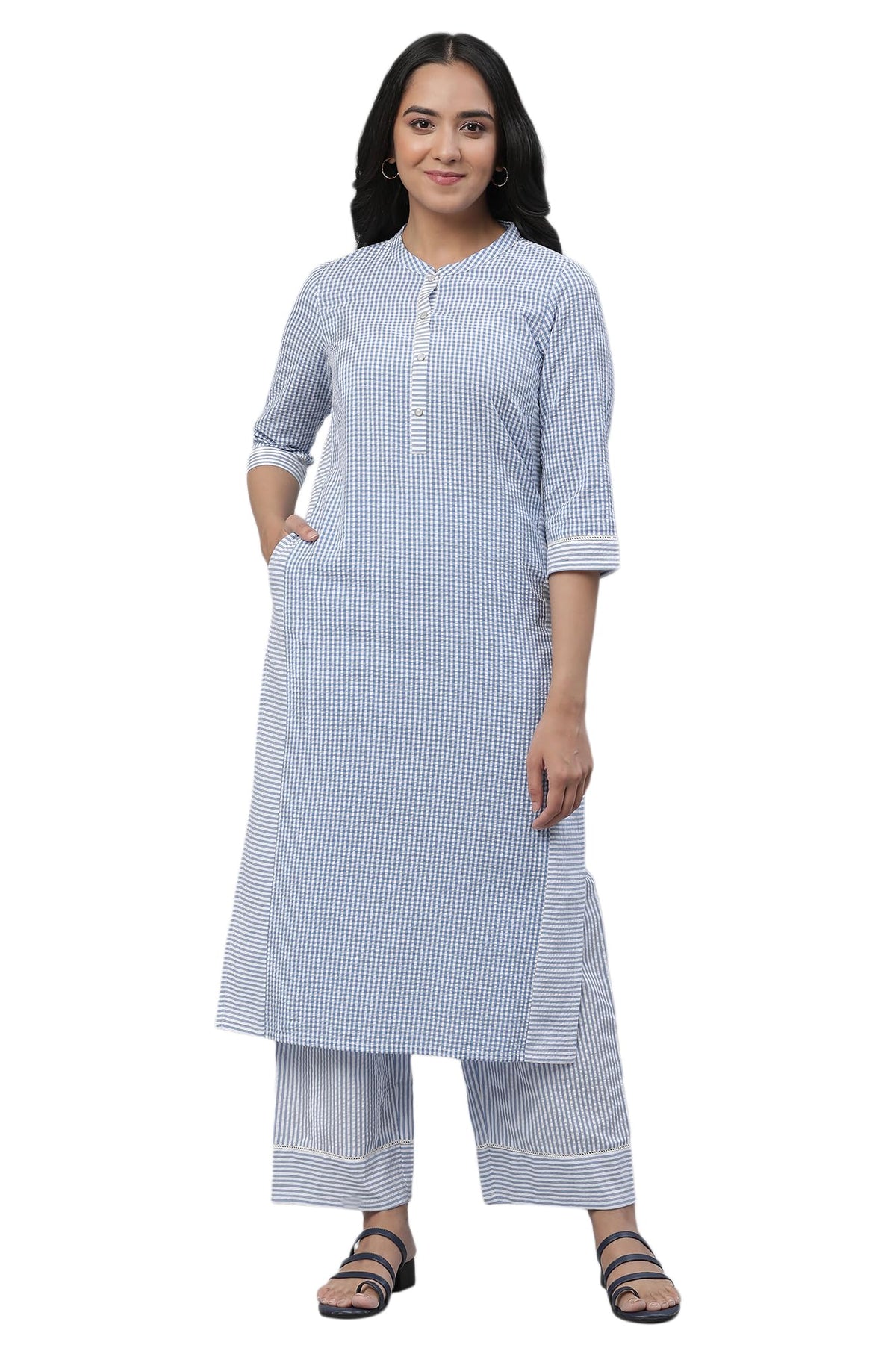 Aurelia Checked Blue Cotton Womens Kurta and Trousers Set