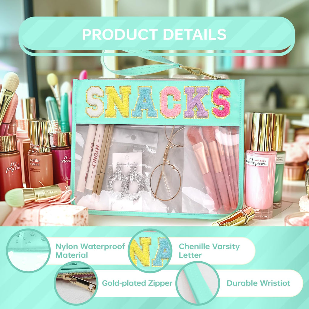 Siwara Snack Bags Clear Pouch Travel Makeup Bag Stoney Clover Chenille Letter Bags for Zipper Pouch Clear Cosmetic Bag Clear Tot