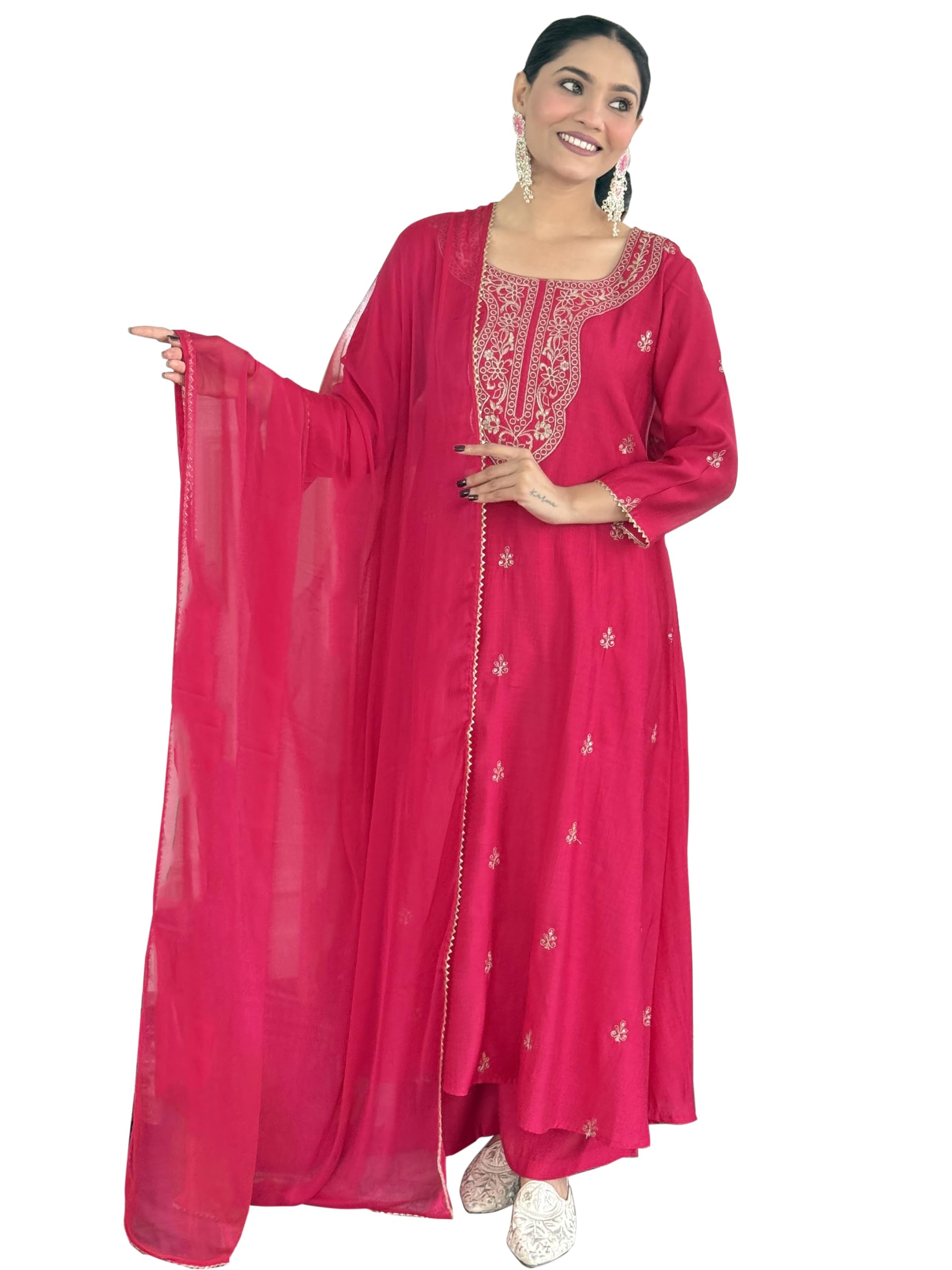ANNI DESIGNER Womens Viscose Silk Embroidery Straight Kurta Pant with Dupatta (Qatar Pink_M_Pink_Medium)