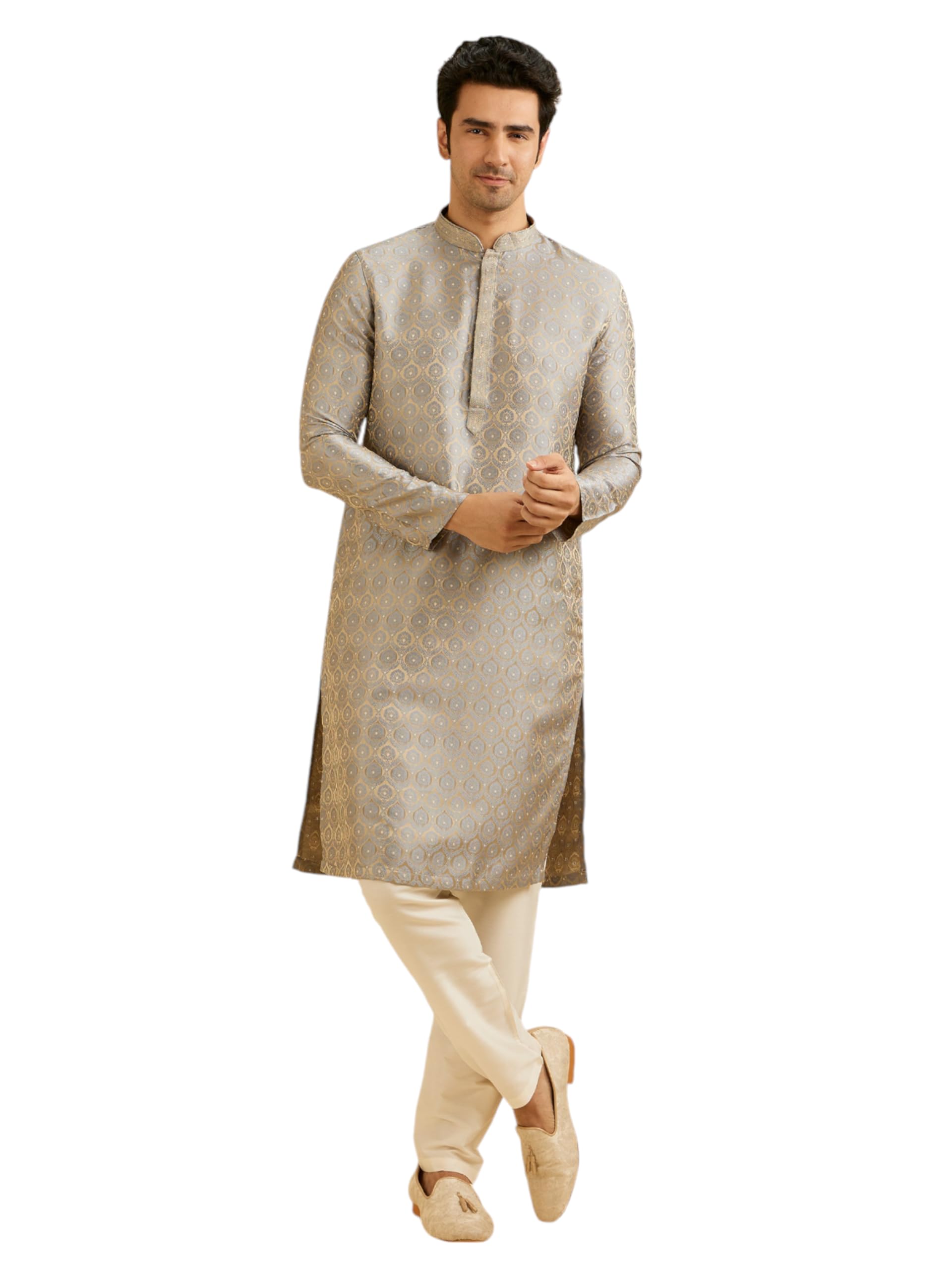 Manyavar Mens Brocade Self Design Kurta Set (Green,XXXL)