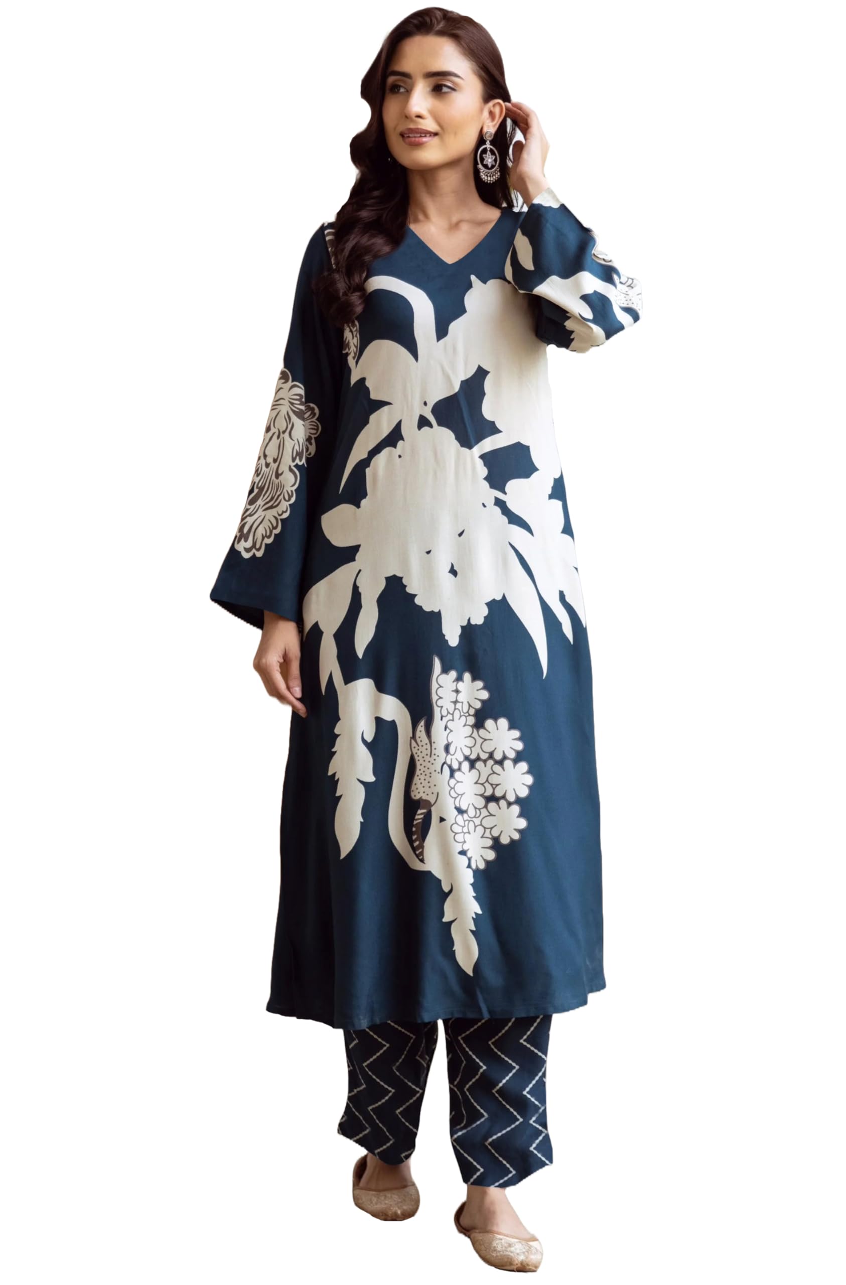 ANNI DESIGNER Womens Rayon Viscose Straight Printed Kurta with Palazzo (Cukari Blue-VKS03_M_Blue_Medium)