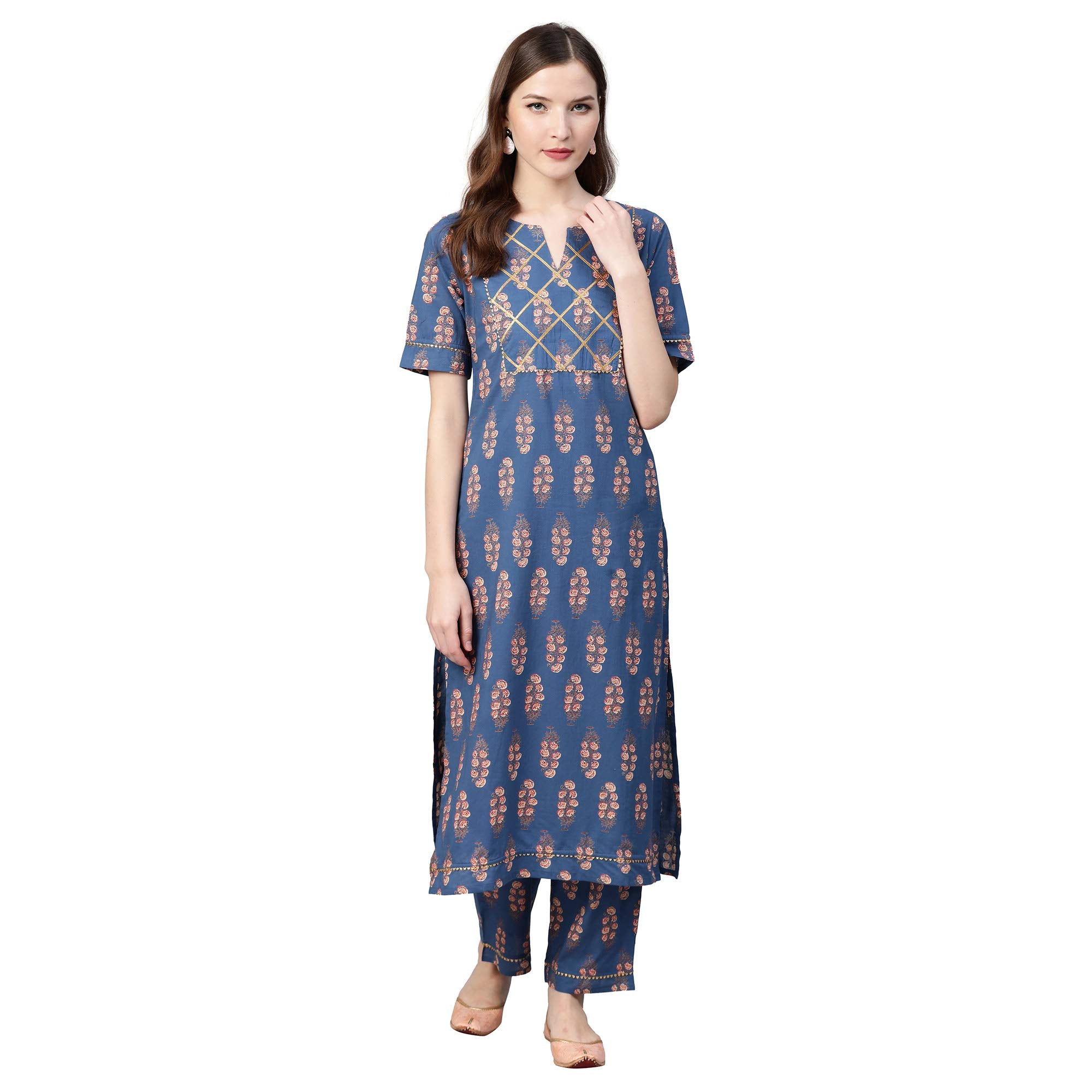 Idalia Women'S Blue And Red Printed Straight Cotton Kurta Set With Palazzo Pant