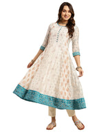 Rangita Women Chanderi Off White Contrast Placket Buta Printed Regular Fit Calf Length Kalidar Kurti, Xl