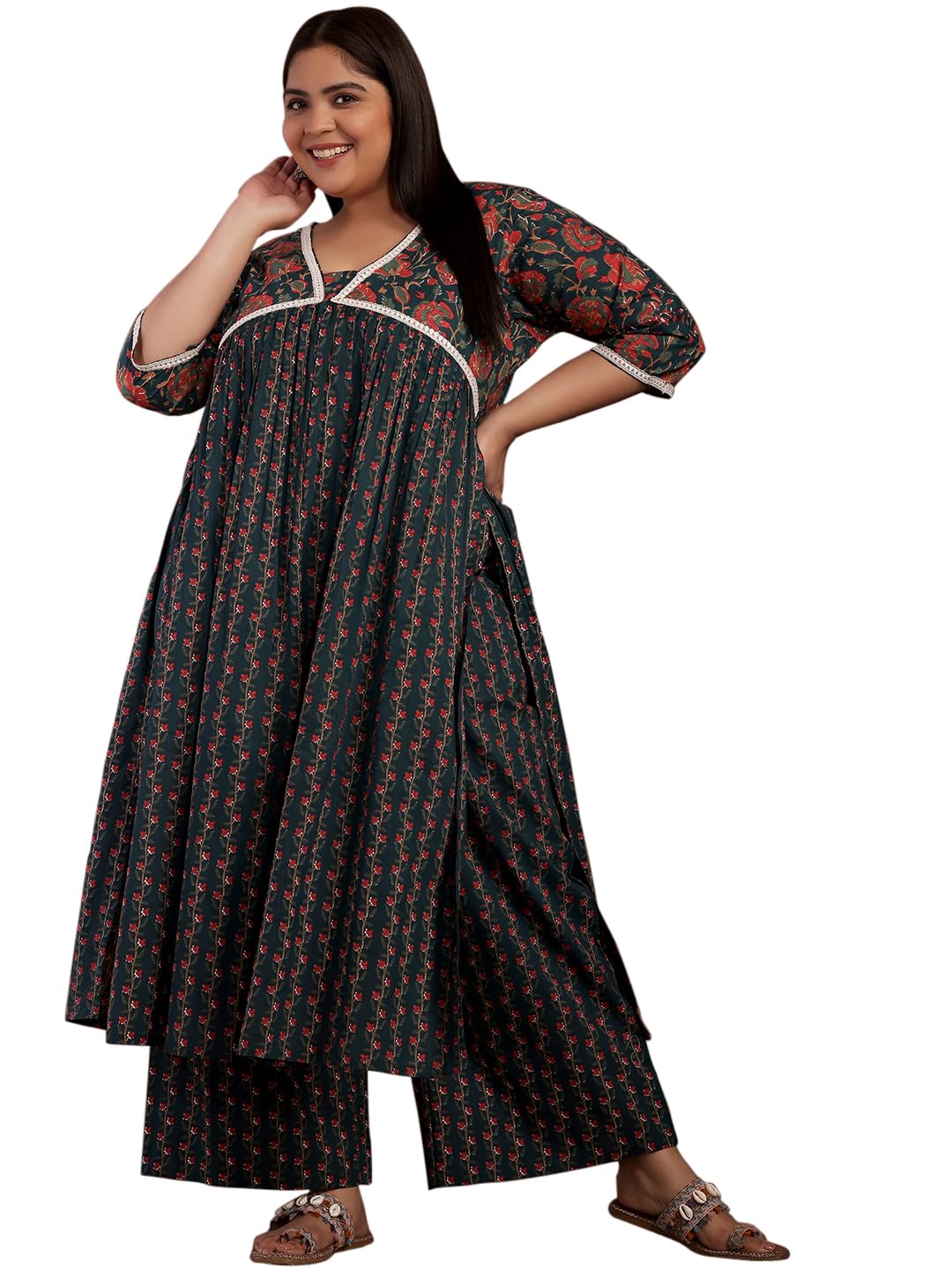Libas Extra Love Womens Printed Cotton A-Line Kurta With Palazzos