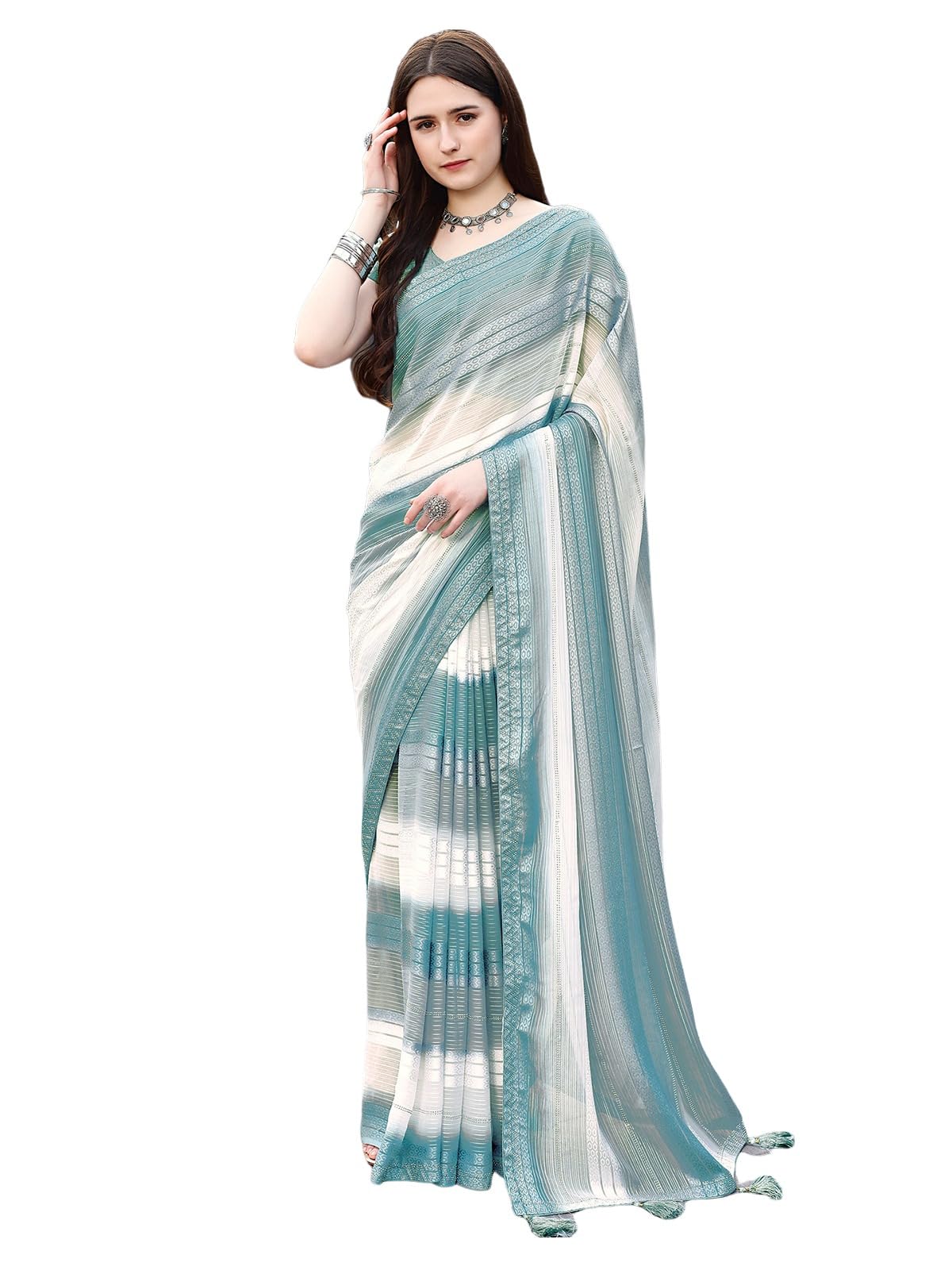 Satrani Womens Weightless Georgette Woven Zari Hot Fixing Printed Saree with Unstitched Blouse Piece (3493S313N_Dusty Teal Blue